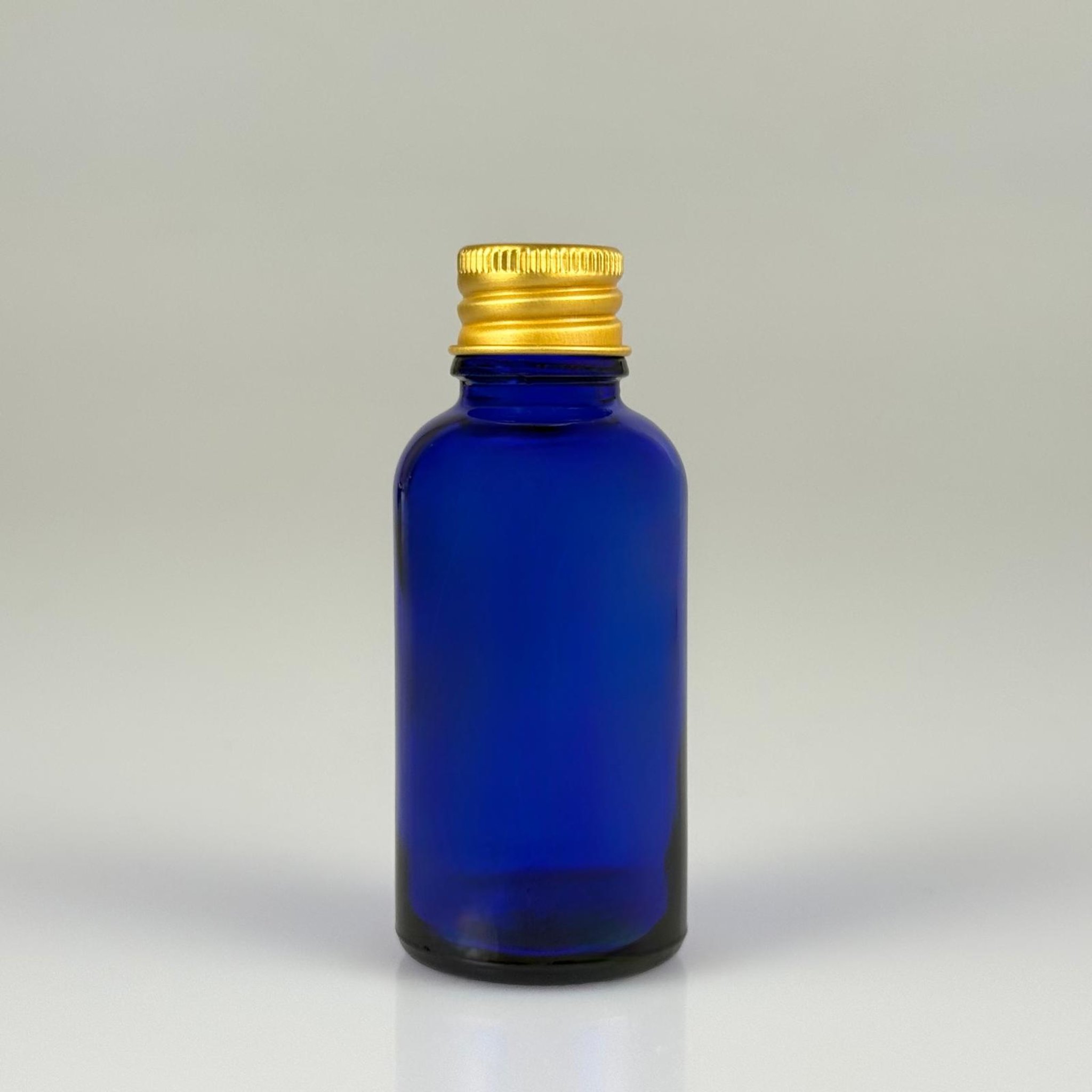30 CC MAVİ CAM ŞİŞE + KÖPÜK CONTALI GOLD ALÜMİNYUM METAL KAPAKLI TAKIM - 30 ML MAVİ CAM ŞİŞE