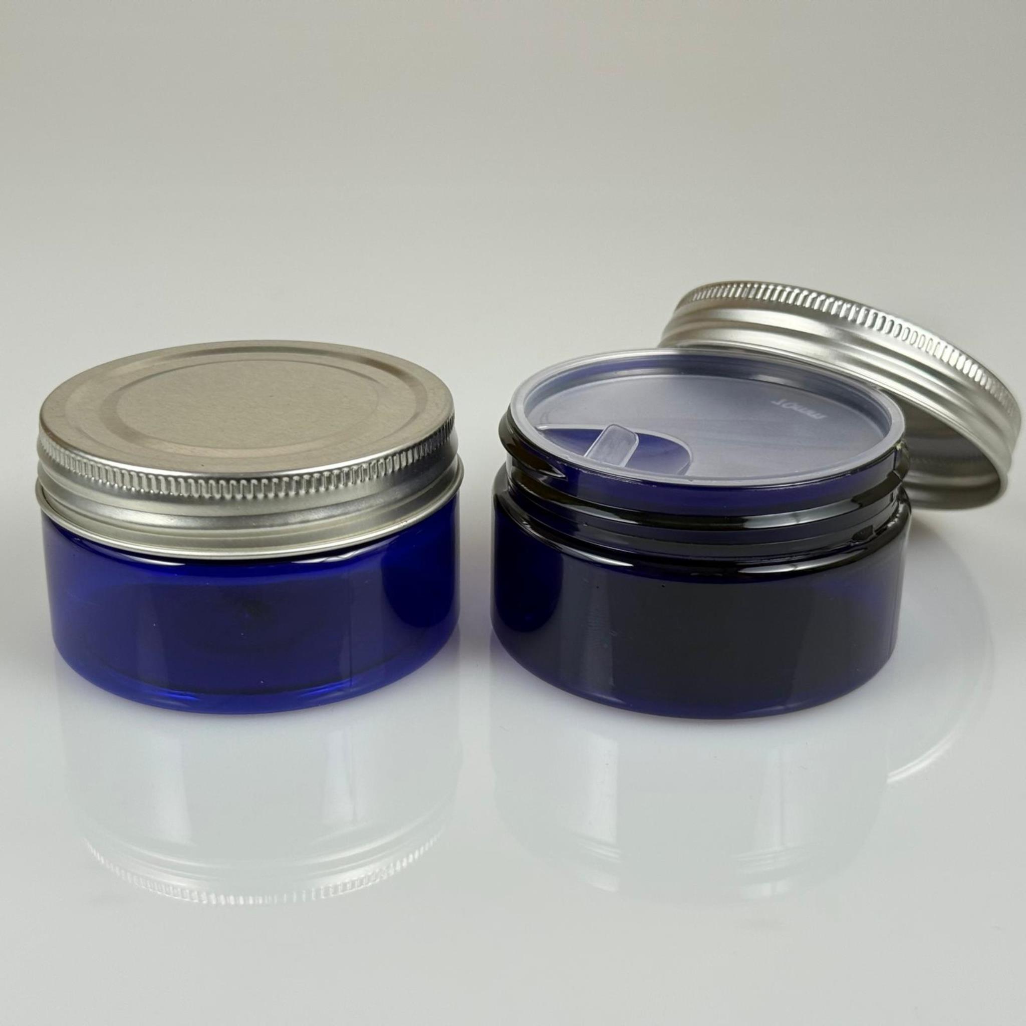 100 ML SERT PET KAVANOZ + GÜMÜŞ METAL KAPAK + İÇ TIPA - 100 CC KALIN MAVİ PLASTİK KAVANOZ GÜMÜŞ METAL KAPAKLI İÇ TIPALI TAKIM - KREM KAVANOZLARI