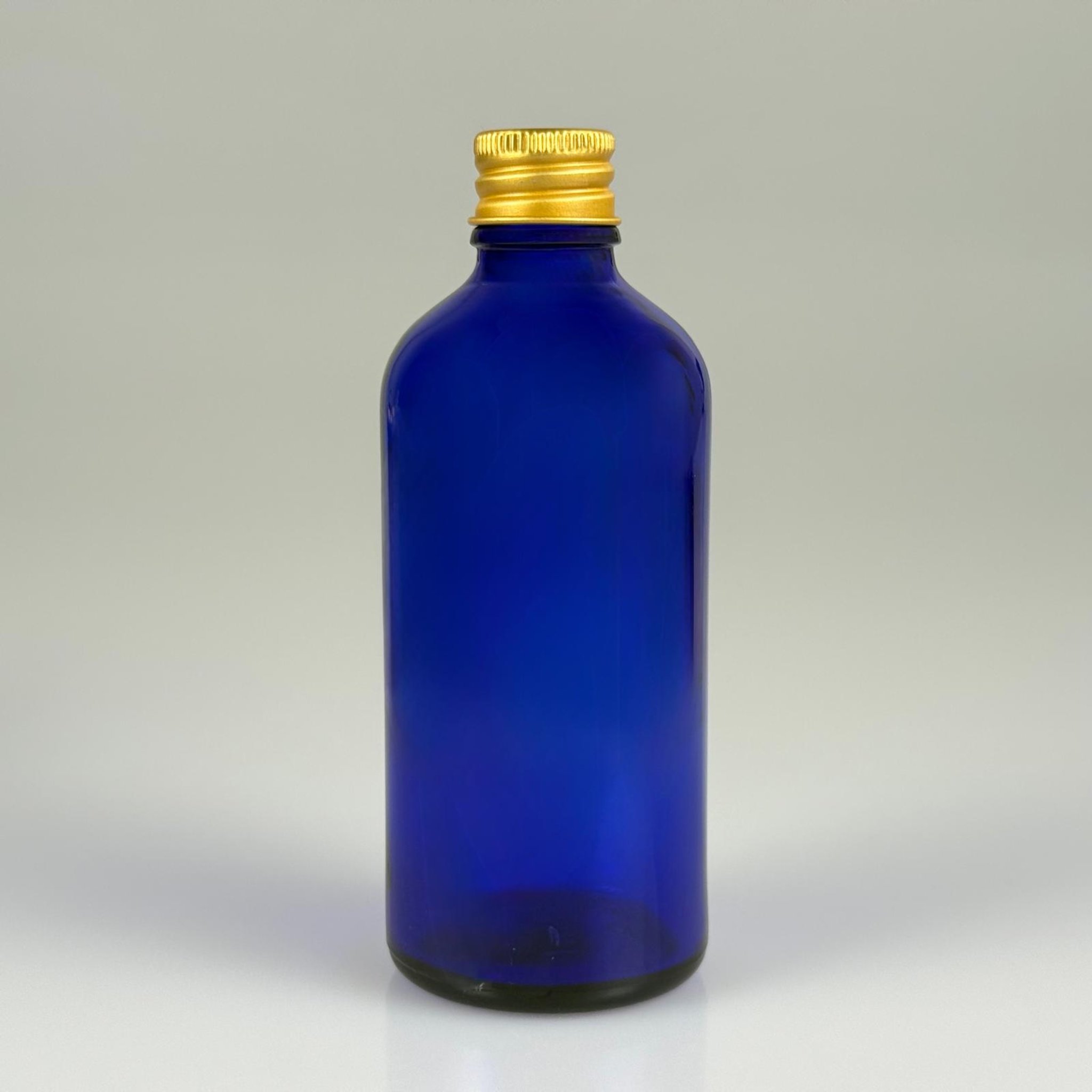 100 CC MAVİ CAM ŞİŞE + KÖPÜK CONTALI GOLD ALÜMİNYUM METAL KAPAKLI TAKIM - 100 ML MAVİ CAM ŞİŞE