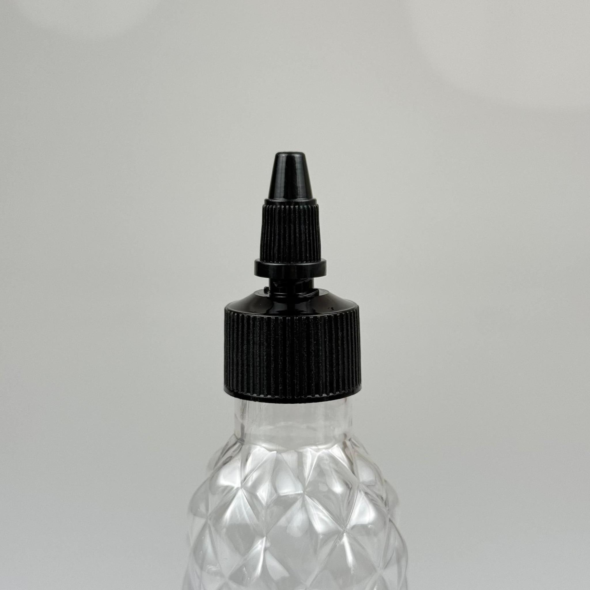 YAĞ, SOS, ACI SOS, SİRKE, SRIRACHA, MÜREKKEP, TUTKAL AKITICI VB BOŞ ŞİŞELERİ - SİYAH SİVRİ TWİST AKITICI KAPAK + 100 ML BALIKSIRTI SERT PET PLASTİK ŞİŞE TAKIM