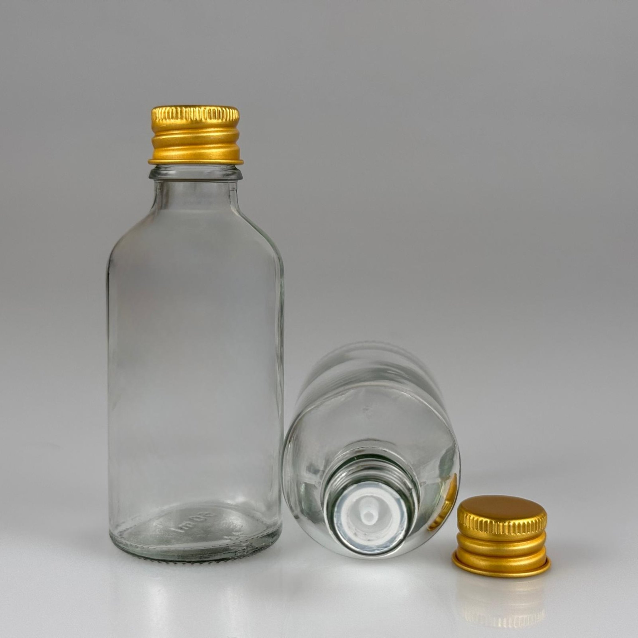 50 CC ŞEFFAF CAM ŞİŞE + KÖPÜK CONTALI GOLD ALÜMİNYUM METAL KAPAKLI + KOLONYA TIPALI TAKIM - 50 ML ŞEFFAF CAM ŞİŞE