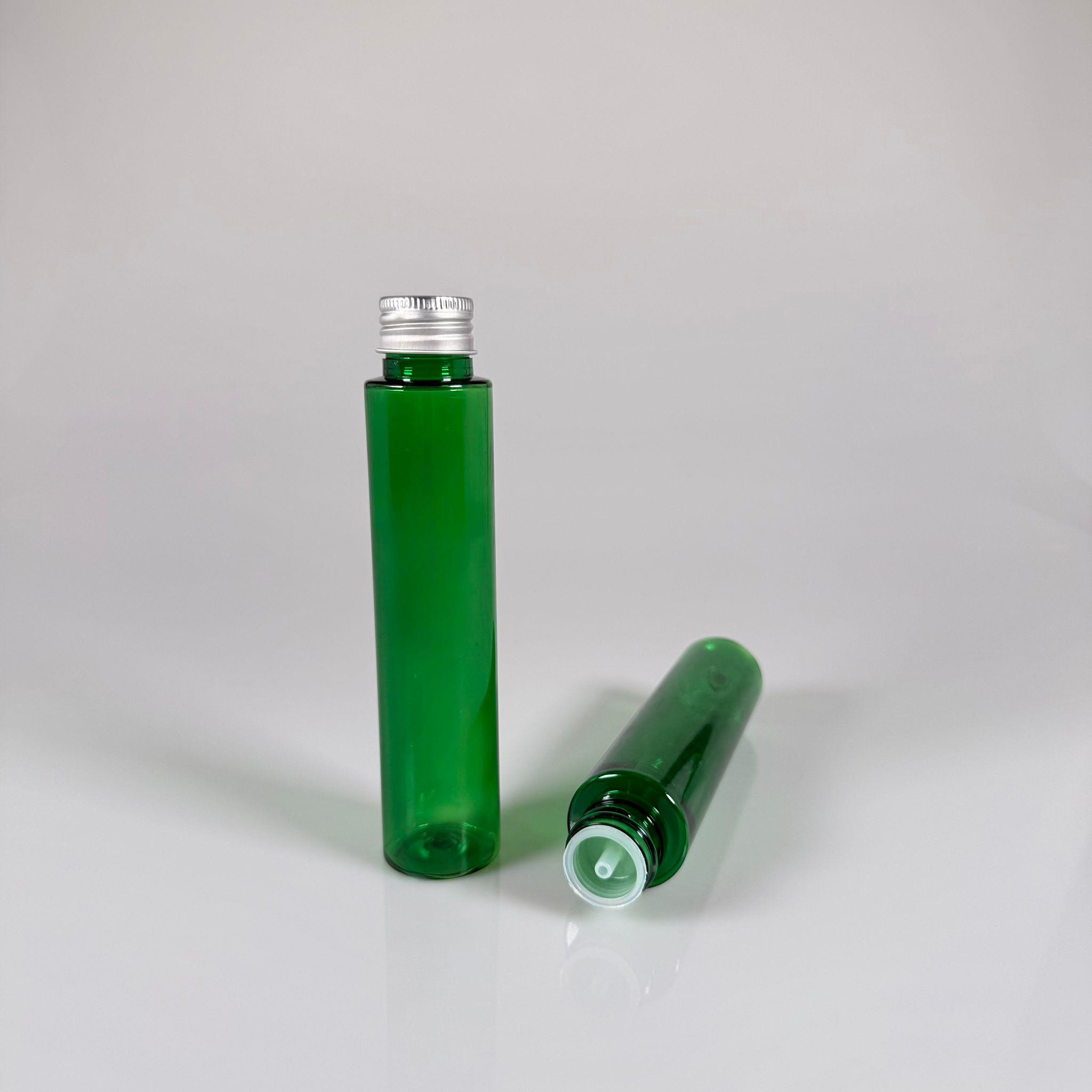 100 CC UZUN SİLİNDİR YEŞİL PET ŞİŞE (24 GR)  - GÜMÜŞ METAL KAPAKLI KOLONYA TIPALI - 100 ML BİBERİYE SUYU, LAVANTA YAĞI, SAÇ SERUM, TONİK VB İÇİN PLASTİK KOZMETİK AMBALAJLARI