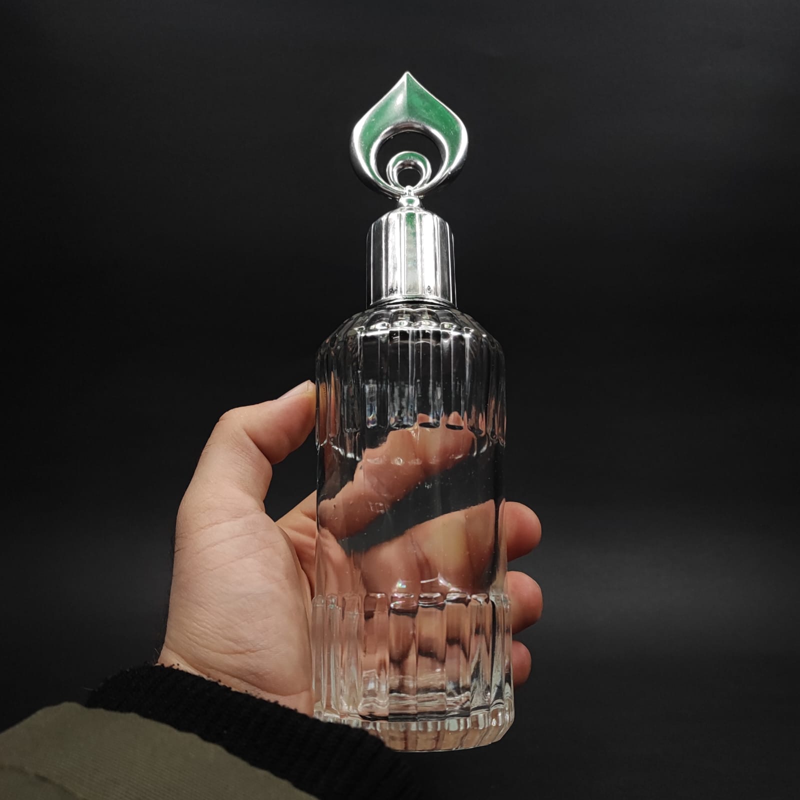 200 CC SİLİNDİR ZÜMRÜT MODEL CAM KOLONYA ŞİŞE - GÜMÜŞ HİLAL KAPAKLI + TIPALI - 200 ML ZÜMRÜT CAM KOLONYA ŞİŞELERİ