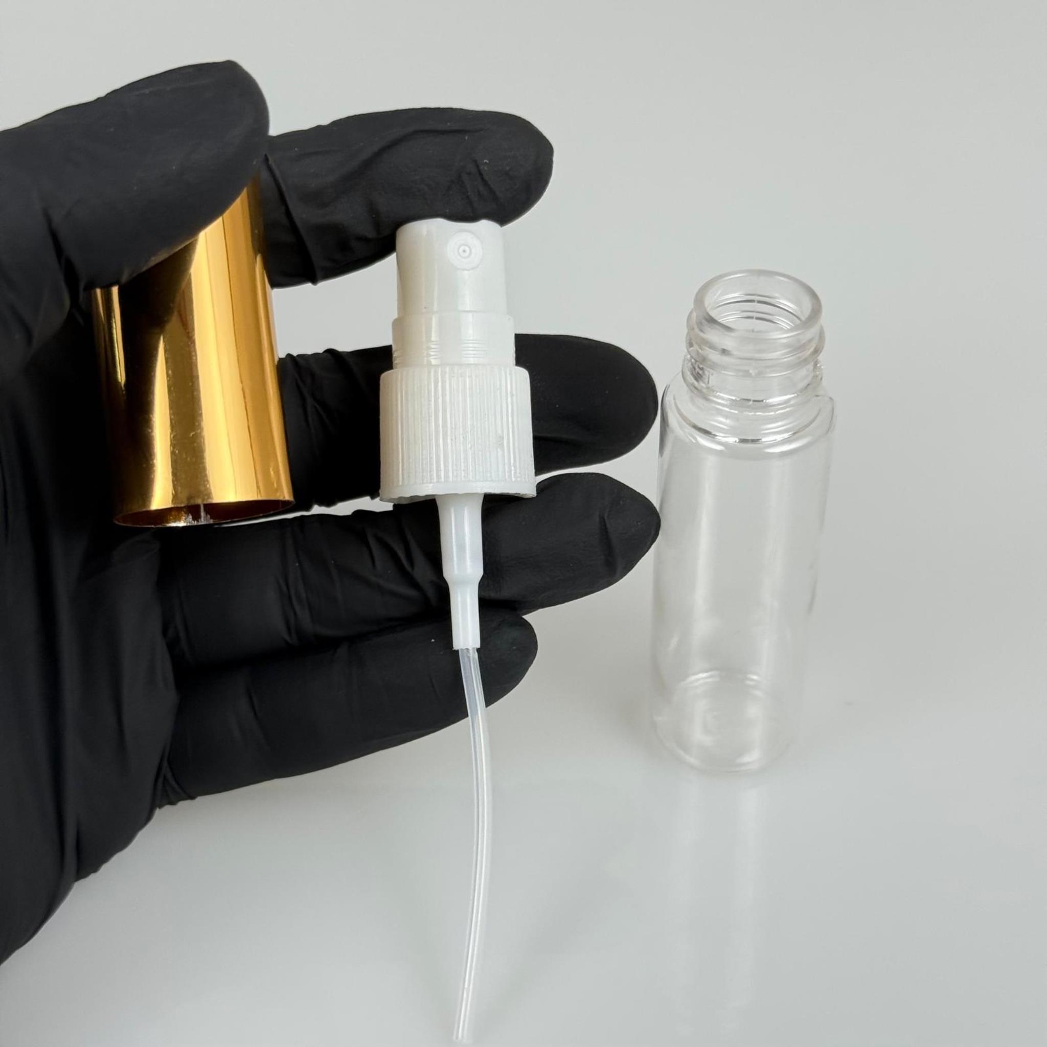 20 ML PET KOLONYA, PARFÜM VB ŞİŞELERİ - METAL ALÜMİNYUM GOLD KAPAK + VİDALI SPREY + 20 CC SHOT ŞİŞE SET TAKIM