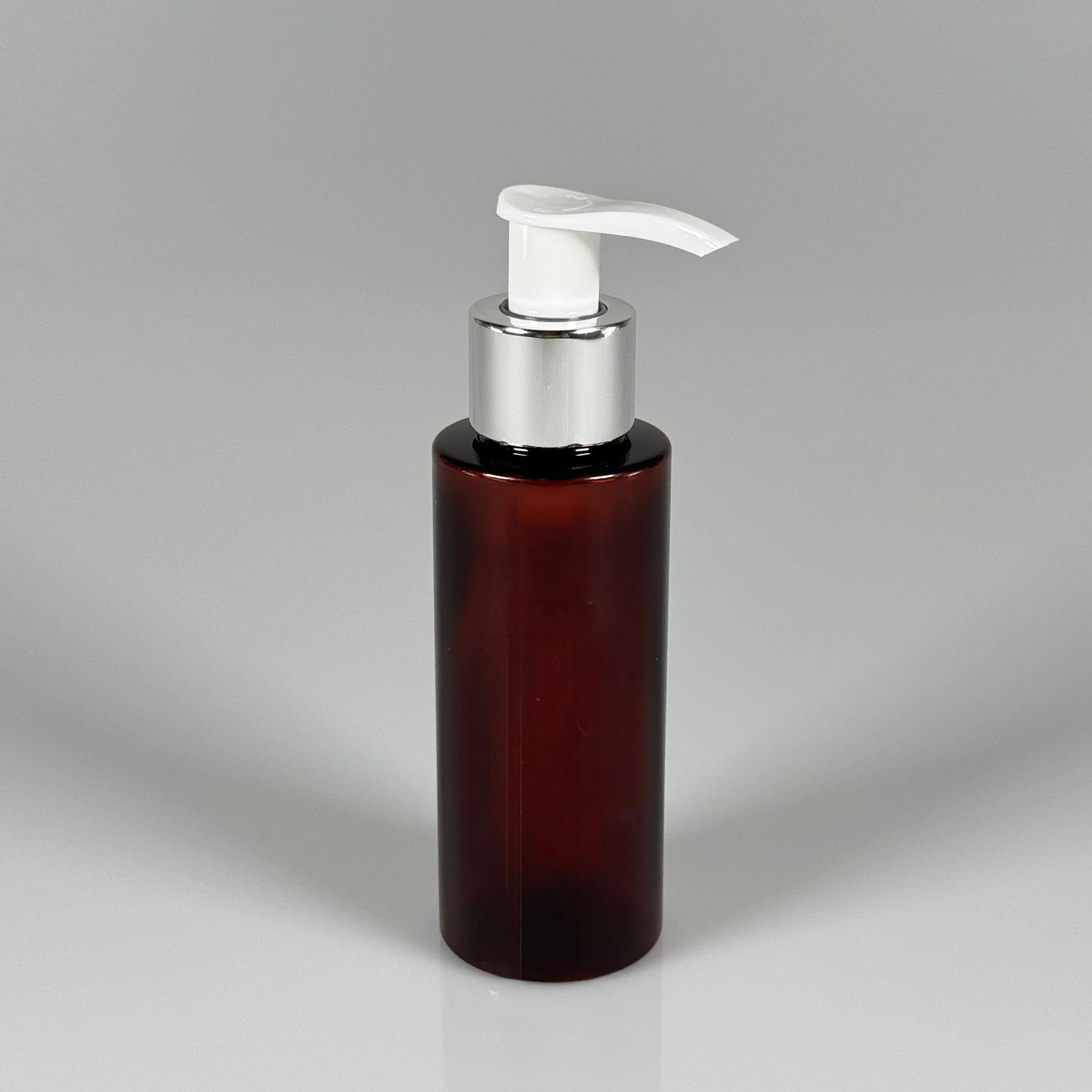 100 CC SİLİNDİR KESKİN KÜT MODEL SERT (17 GR) PET ŞİŞE - GÜMÜŞ SIVI SABUN POMPALI - JEL, PEELING, SERUM, GÜNEŞ KREMİ GİBİ YOĞUN KIVAMLI SIVILAR İÇİN- AĞIZ ÇAPI 24 MM - AMBER