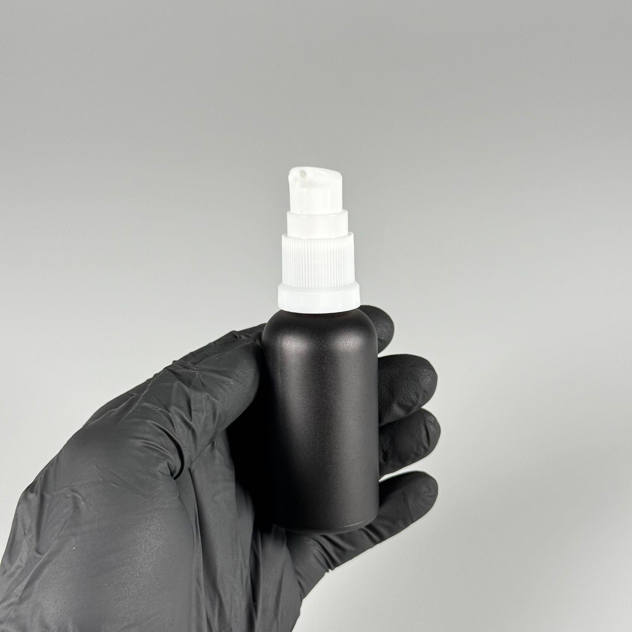 30 CC MAT SİYAH CAM ŞİŞE - SIZDIRMAZ ETEKLİ BEYAZ LOSYON POMPALI TAKIM - 50 ML LOSYON ŞİŞESİ - YAĞ, KREM GİBİ YOĞUN KIVAMLI SIVILAR İÇİN CAM AMBALAJ