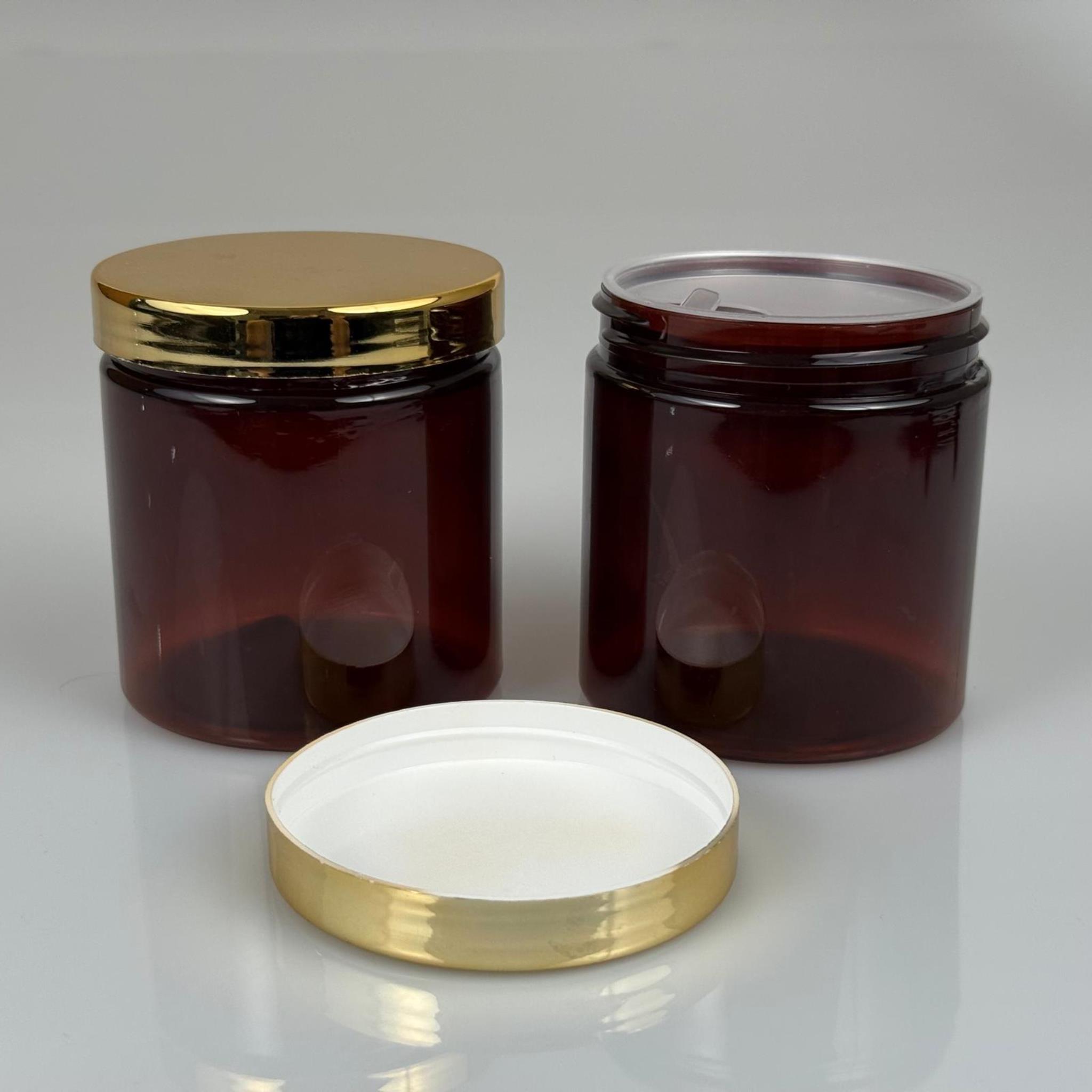250 ML SERT PET KAVANOZ + GOLD KAPLAMALI KAPAK + İÇ TIPA - 250 CC KALIN AMBER PLASTİK KAVANOZ GOLD KAPLAMALI PLASTİK KAPAKLI İÇ TIPALI TAKIM - KREM KAVANOZLARI