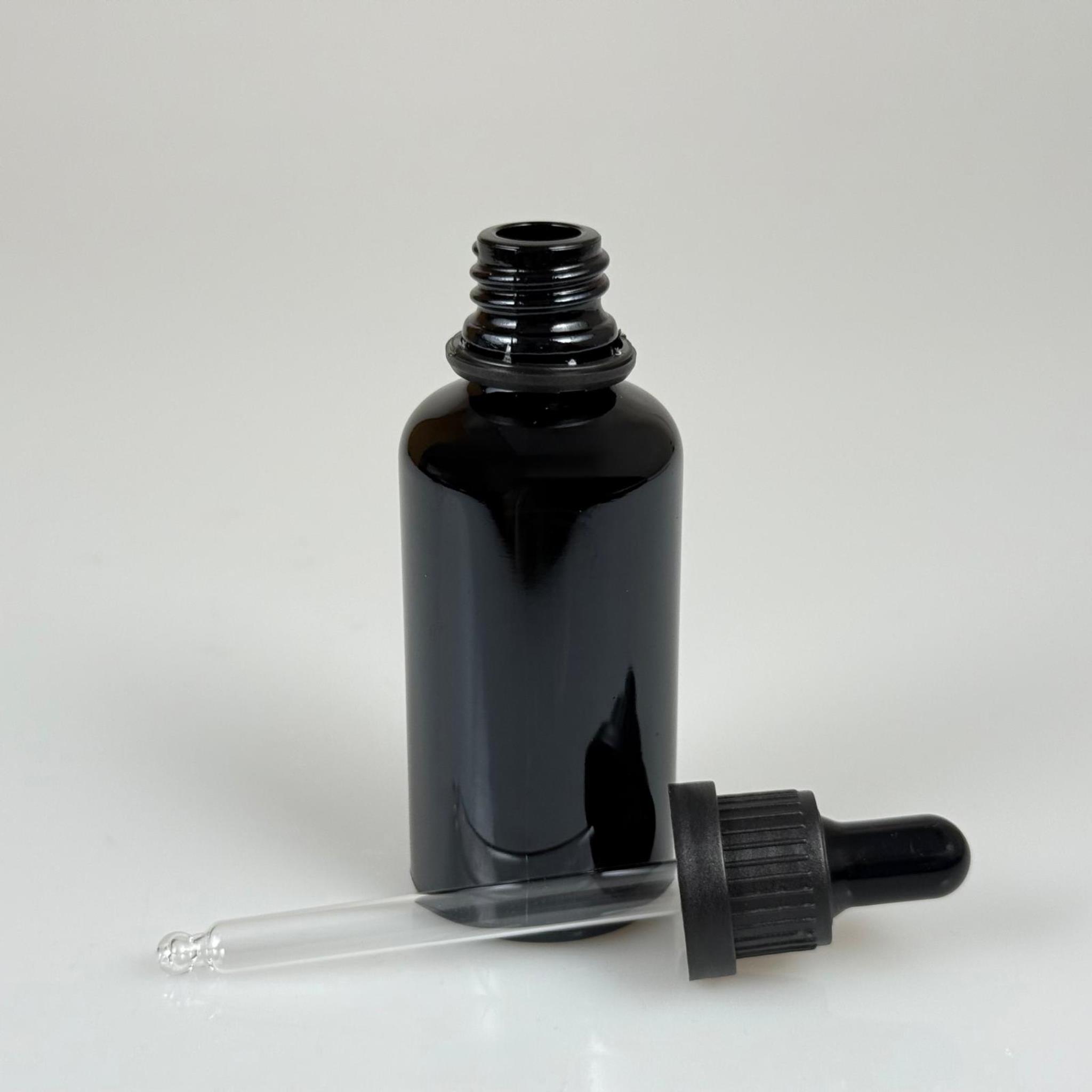 50 CC SİYAH CAM DAMLALIKLI ŞİŞE - SİYAH EMZİK - SİYAH PLASTİK KİLİTLİ KAPAK - 50 ML SİYAH CAM DAMLALIKLI ŞİŞE