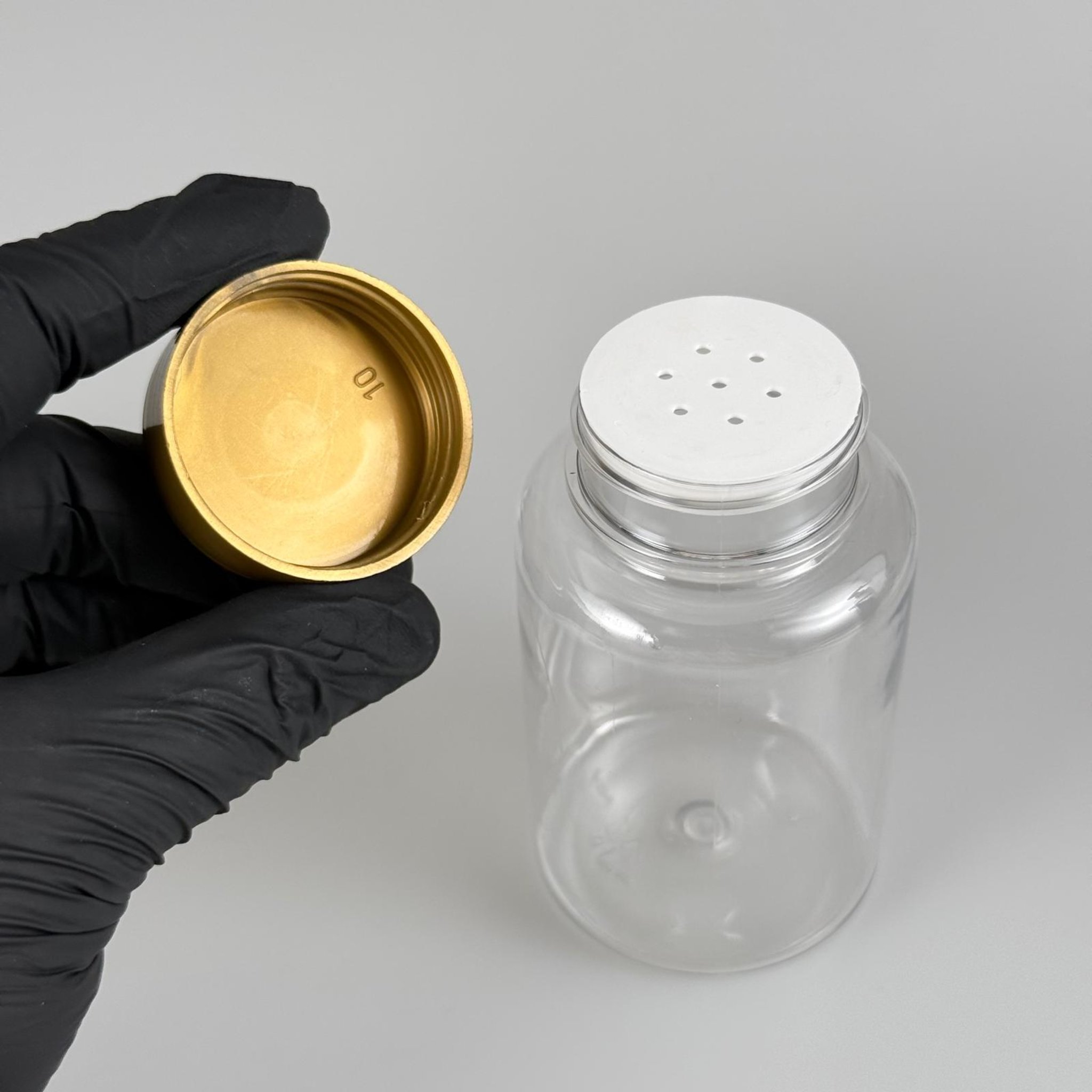 150 CC ŞEFFAF PET PUDRA ŞİŞESİ + GOLD PLASTİK KAPAKLI + PUDRA TIPALI TAKIM - 150 ML PUDRA KUTUSU, EKO TUZLUK