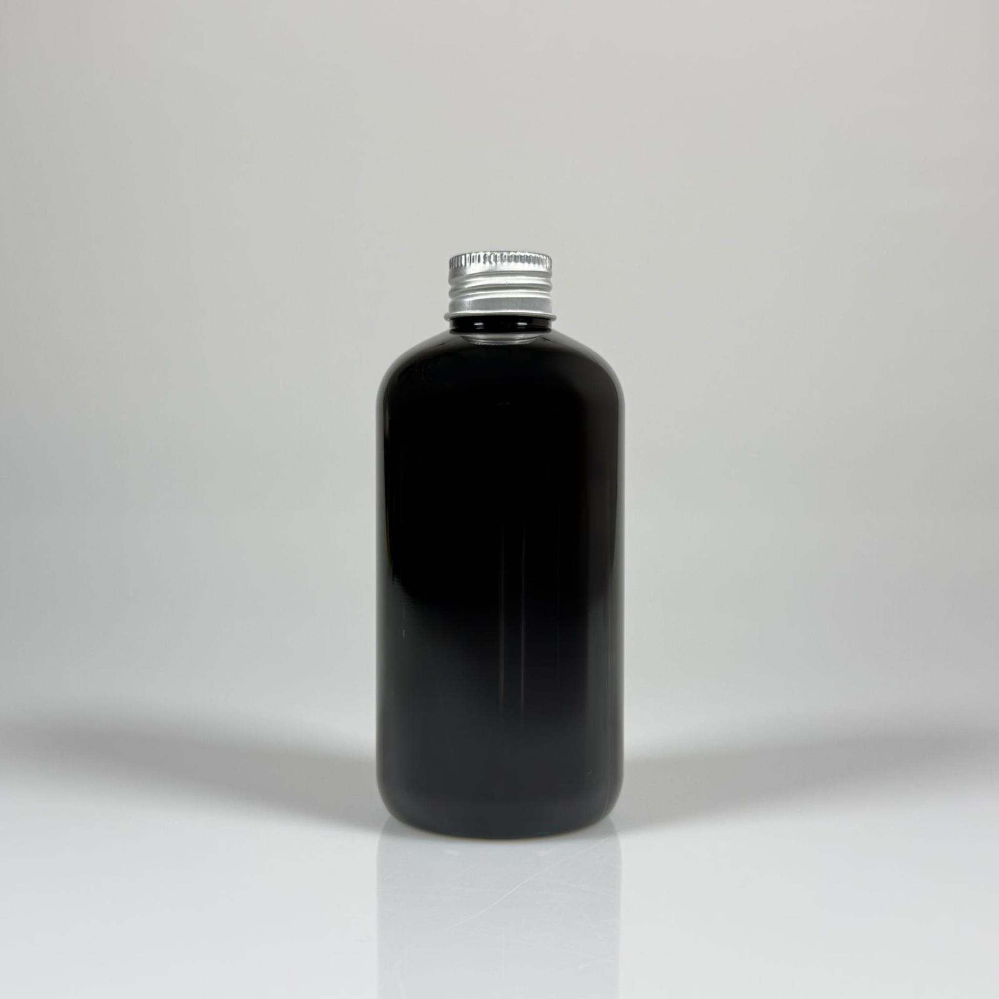 250 CC SİYAH PLASTİK ŞİŞE ZEYNEP MODEL - CONTALI GÜMÜŞ METAL KAPAKLI - 250 ML TOMBUL PET ŞİŞE