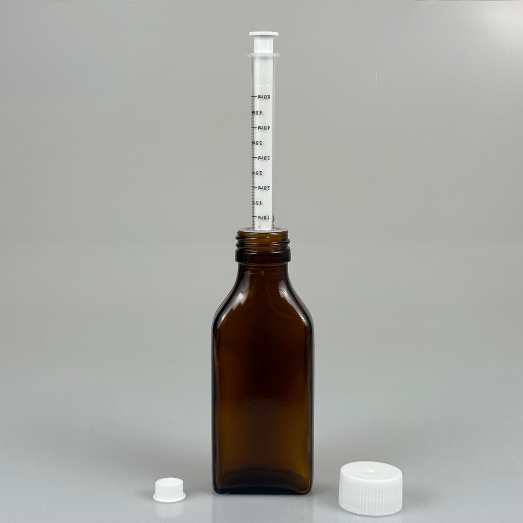 100 ML YASSI CAM ECZA ŞİŞESİ + 5 ML DOZAJ PİPETİ + DOZAJ TIPASI + CONTALI PLASTİK KAPAK TAKIM