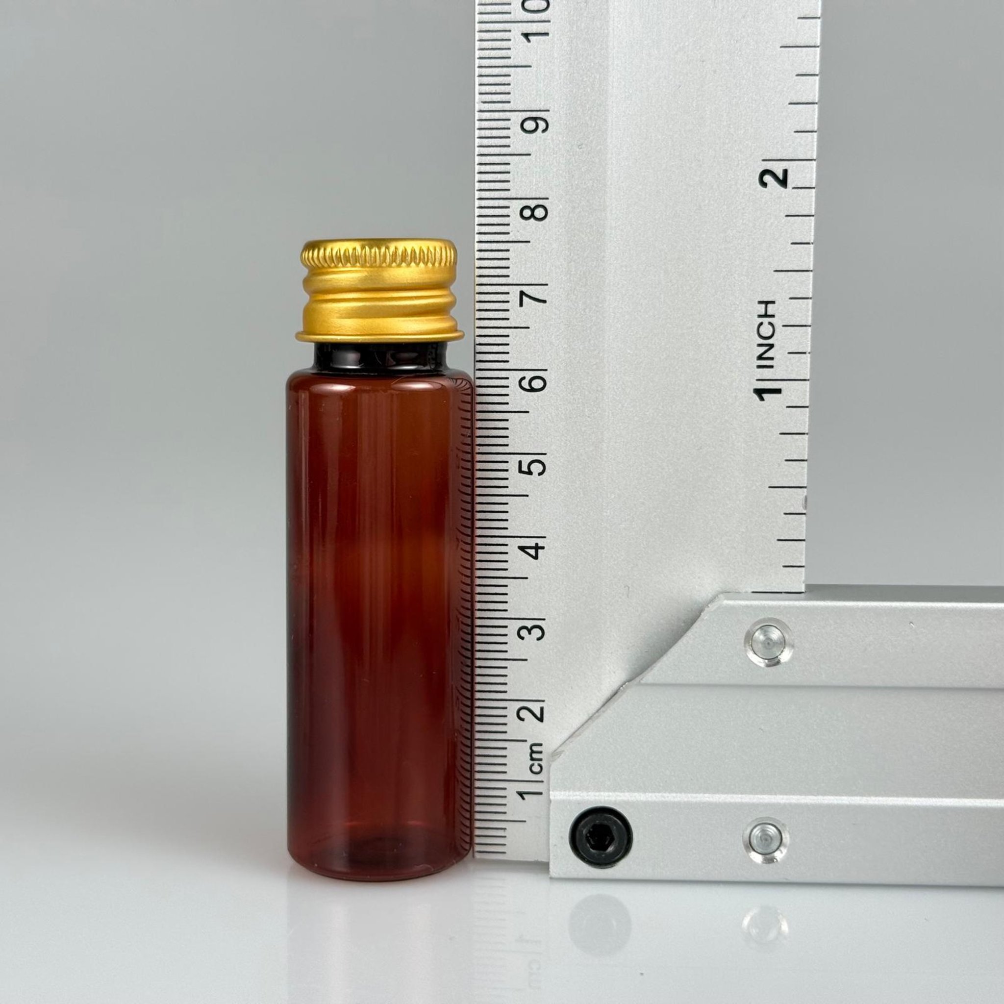20 CC PET AMBER SHOT ŞİŞE - KÖPÜK CONTALI GOLD ALÜMİNYUM METAL KAPAKLI TAKIM - 20 ML KAHVERENGİ PLASTİK ŞİŞE