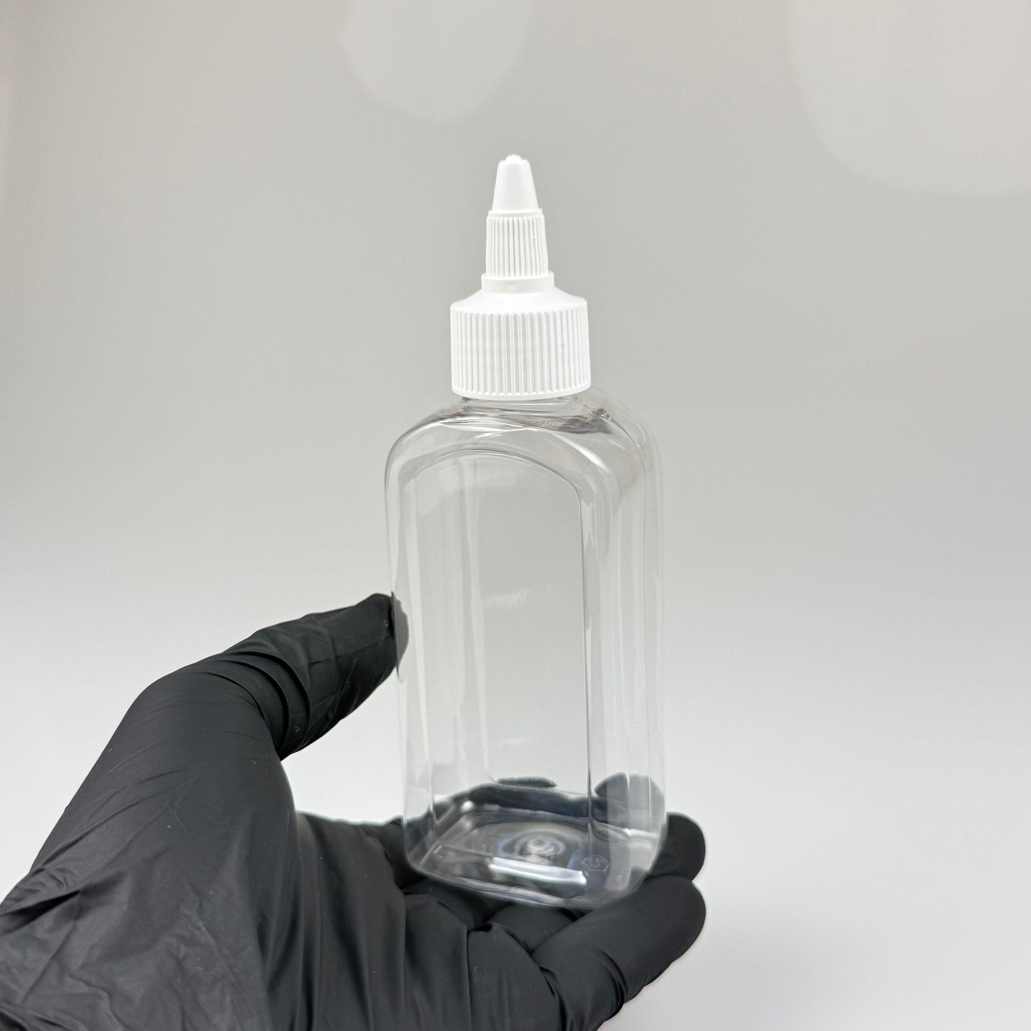 YAĞ, SOS, ACI SOS, SİRKE, SRIRACHA, MÜREKKEP, TUTKAL AKITICI VB BOŞ ŞİŞELERİ - BEYAZ SİVRİ TWİST AKITICI KAPAK + 140 ML YASSI KÖŞELİ SERT PET PLASTİK ŞİŞE TAKIM