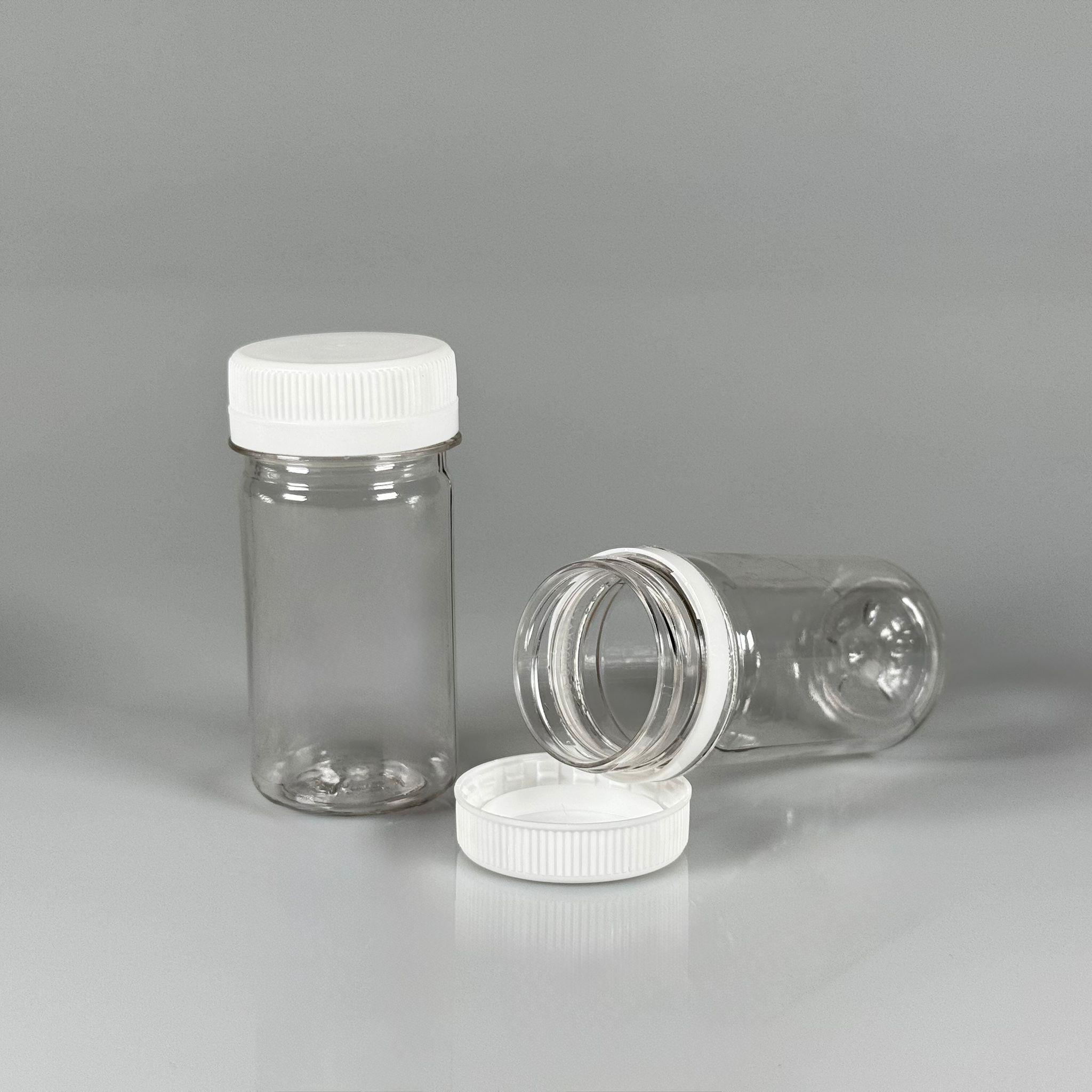 60 CC SİLİNDİR PET ŞİŞE (15,6 GR) - 38 MM GENİŞ AĞIZLI KİLİTLİ BEYAZ KAPAKLI - 60 ML PLASTİK NUMUNE BOŞ ŞİŞELER