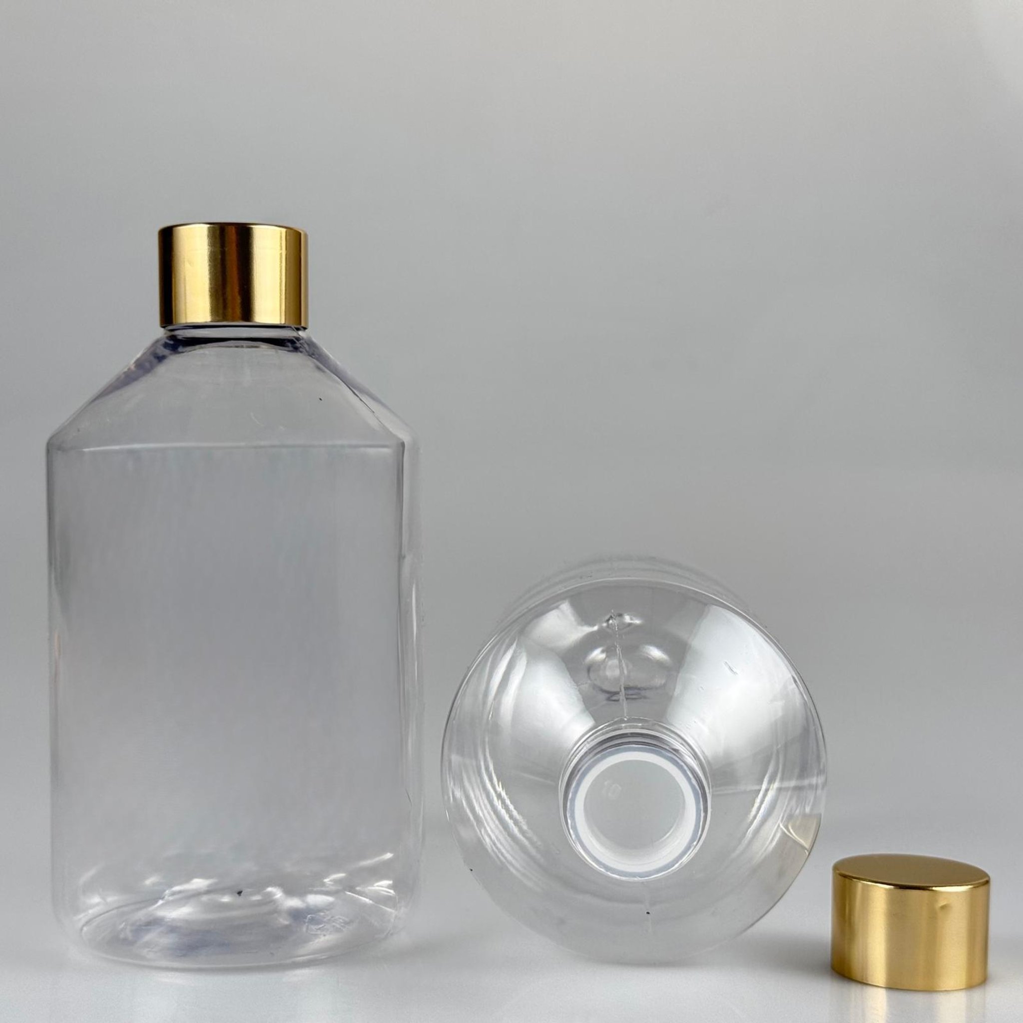 500 CC KÜT BOYUNLU ŞEFFAF PET ŞİŞE + ALÜMİNYUM KAPLAMALI GOLD KAPAKLI + KÖR TIPALI TAKIM - 500 ML PET ŞİŞE