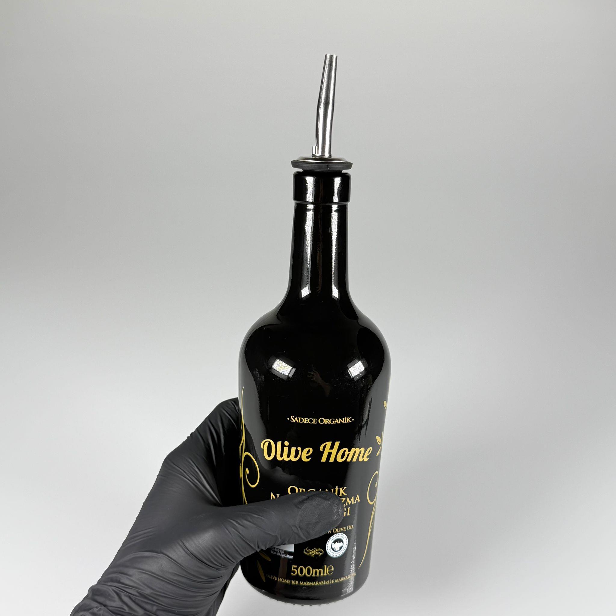 500 CC SİYAH OLİVE YAZI CAM ZEYTİNYAĞ ŞİŞESİ - ÇELİK AKITICILI YAĞDANLIK TIPALI - 500 ML YAĞDANLIK BASKILI CAM ŞİŞE