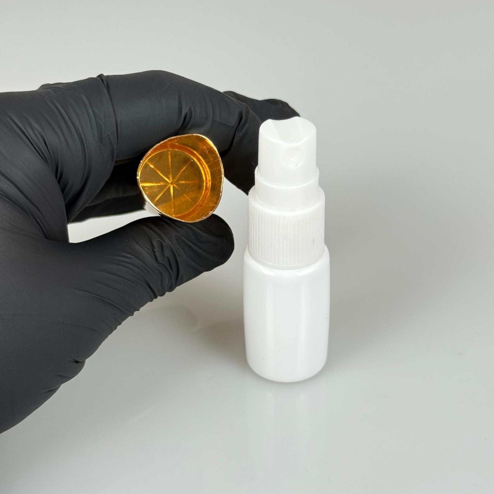 10 ML PET KOLONYA, PARFÜM VB ŞİŞELERİ - METAL ALÜMİNYUM GOLD KAPAK + VİDALI SPREY + 10 CC BEYAZ SHOT ŞİŞE SET TAKIM