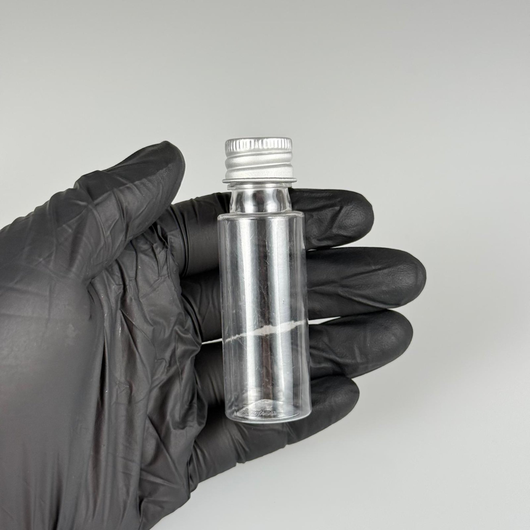 20 CC ŞEFFAF PET ŞİŞE + KÖPÜK CONTALI GÜMÜŞ ALÜMİNYUM METAL KAPAKLI + KÖR TIPALI TAKIM - 20 ML PLASTİK ŞİŞE