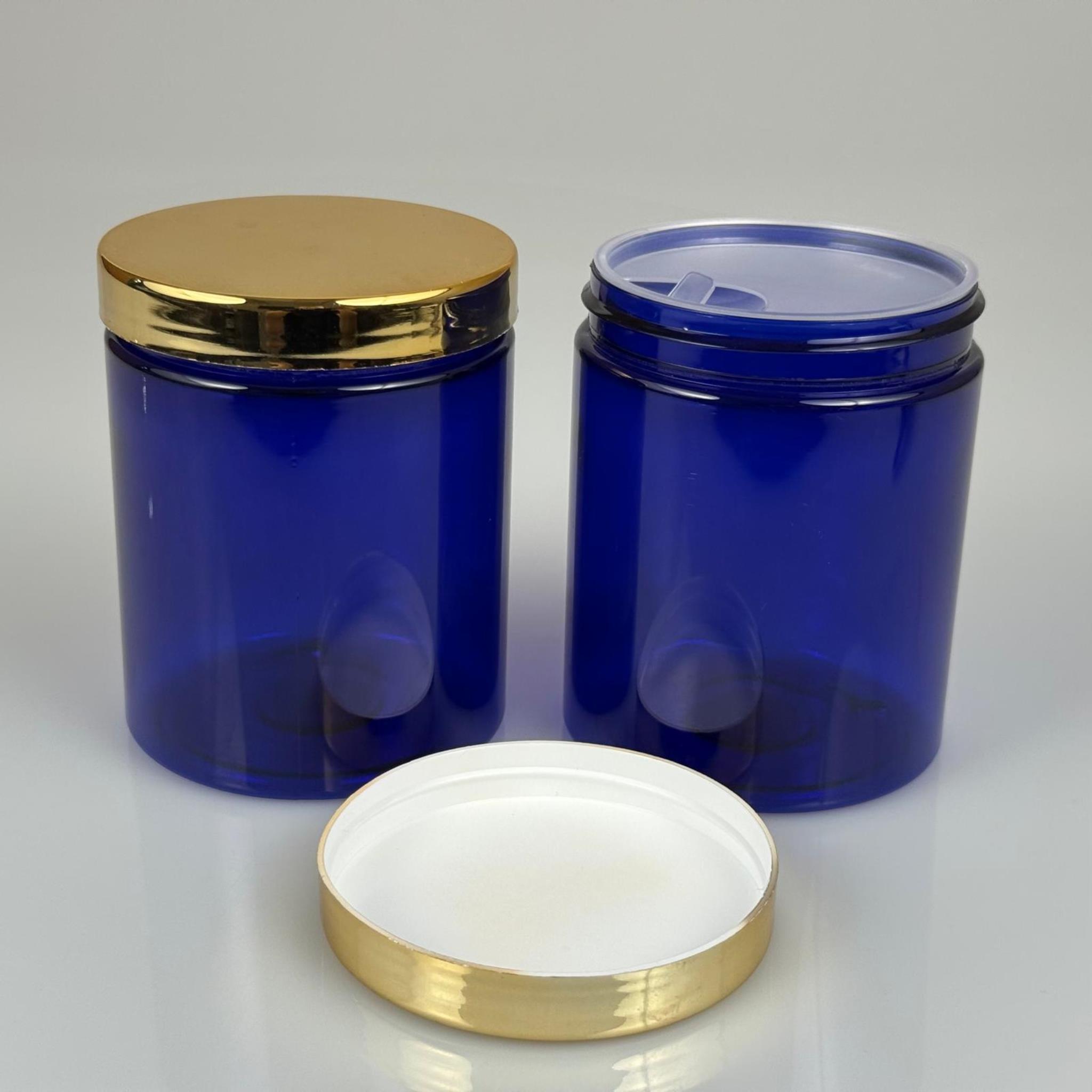300 ML SERT PET KAVANOZ + GOLD KAPLAMALI PLASTİK KAPAK + İÇ TIPA - 300 CC KALIN MAVİ PLASTİK KAVANOZ GOLD KAPLAMALI PLASTİK KAPAKLI İÇ TIPALI TAKIM - KREM KAVANOZLARI