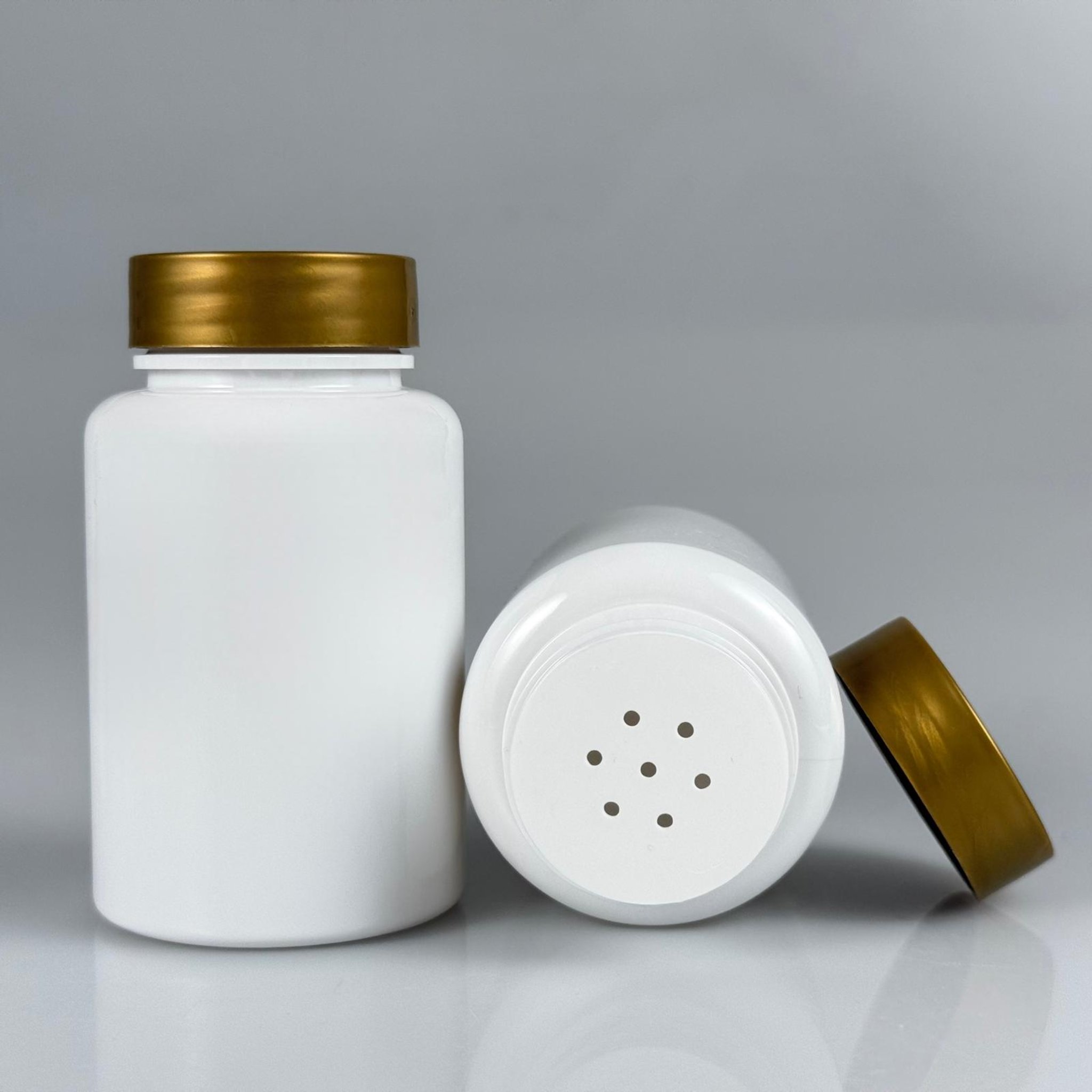 150 CC BEYAZ PET PUDRA ŞİŞESİ + GOLD PLASTİK KAPAKLI + PUDRA TIPALI TAKIM - 150 ML PUDRA KUTUSU, EKO TUZLUK