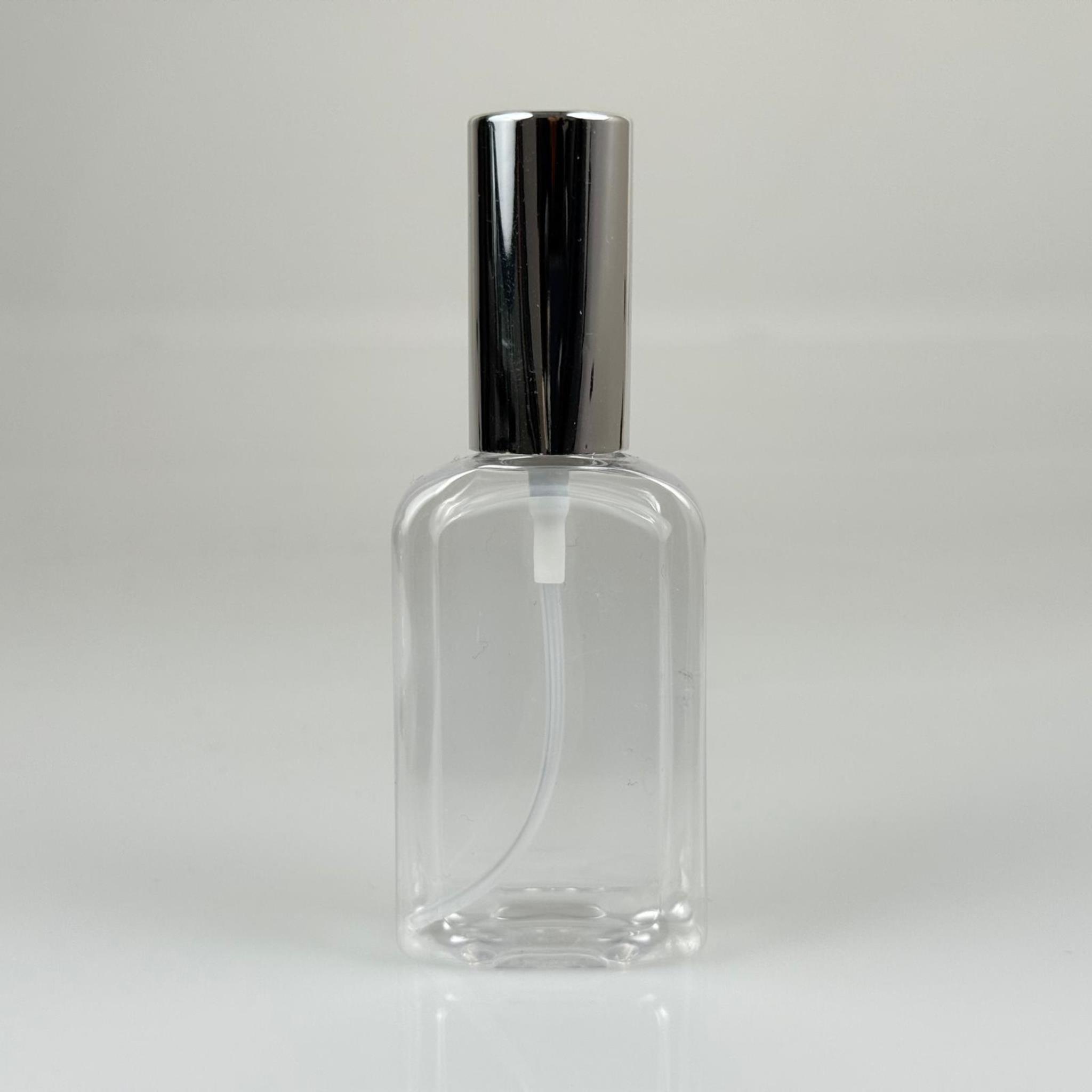 50 ML PET KOLONYA, PARFÜM VB ŞİŞELERİ - METAL ALÜMİNYUM GÜMÜŞ KAPAK + VİDALI SPREY + 50 CC KÖŞELİ YASSI ŞİŞE SET TAKIM