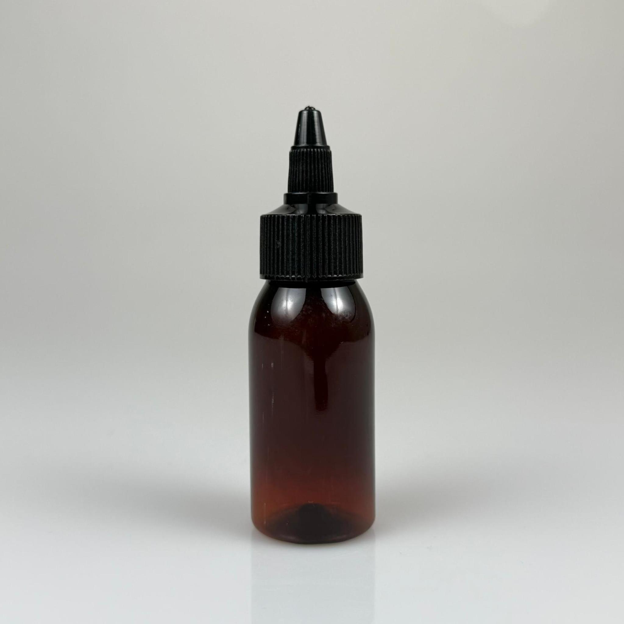 YAĞ, SOS, ACI SOS, SİRKE, SRIRACHA, MÜREKKEP, TUTKAL AKITICI VB BOŞ ŞİŞELERİ - SİYAH SİVRİ TWİST AKITICI KAPAK + 50 ML AMBER SERT PET PLASTİK ŞİŞE TAKIM