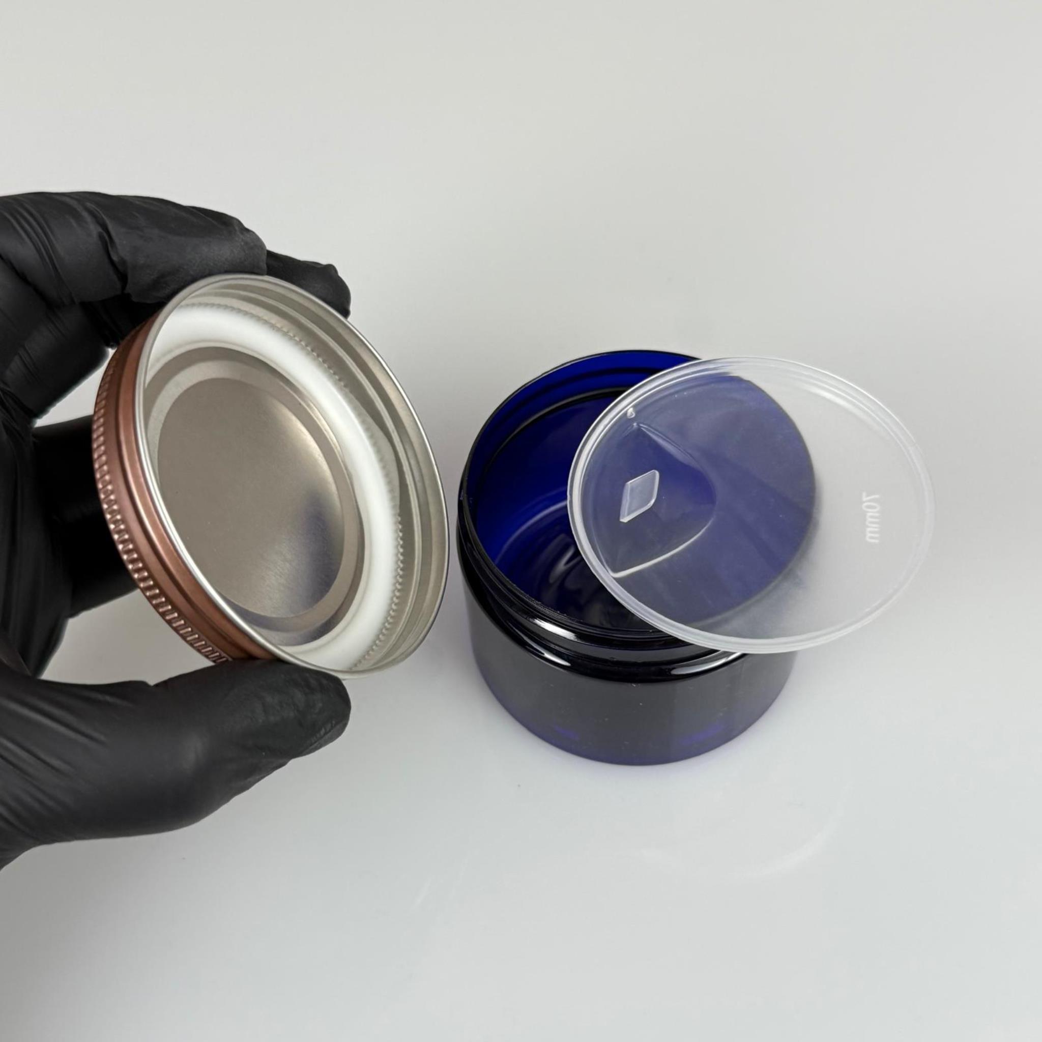 150 ML SERT PET KAVANOZ + BRONZ METAL KAPAK + İÇ TIPA - 150 CC KALIN MAVİ PLASTİK KAVANOZ BRONZ METAL KAPAKLI İÇ TIPALI TAKIM - KREM KAVANOZLARI