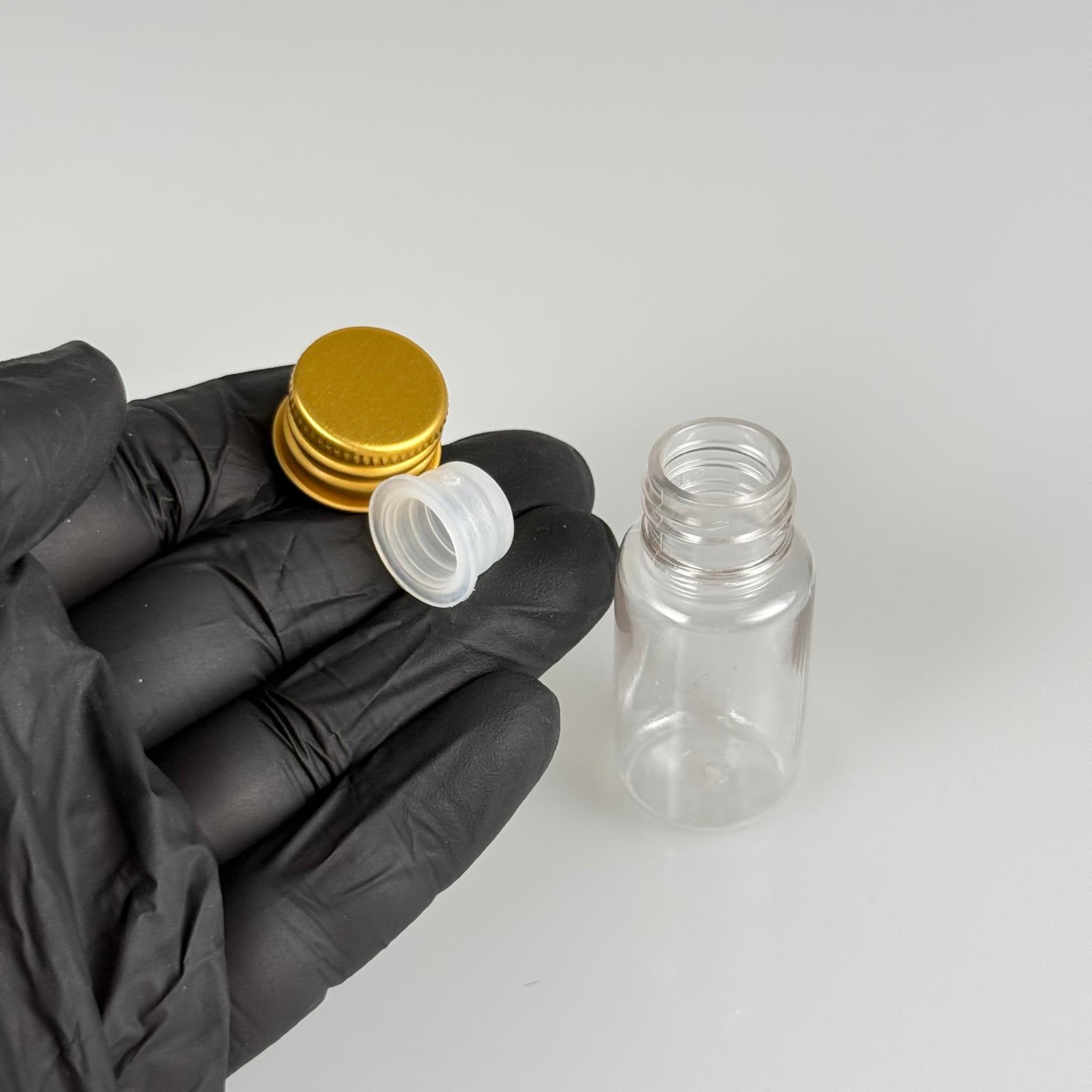 10 CC ŞEFFAF PET SHOT ŞİŞE - KÖPÜK CONTALI GOLD ALÜMİNYUM METAL KAPAKLI + KÖR TIPALI TAKIM - 10 ML PLASTİK ŞİŞE