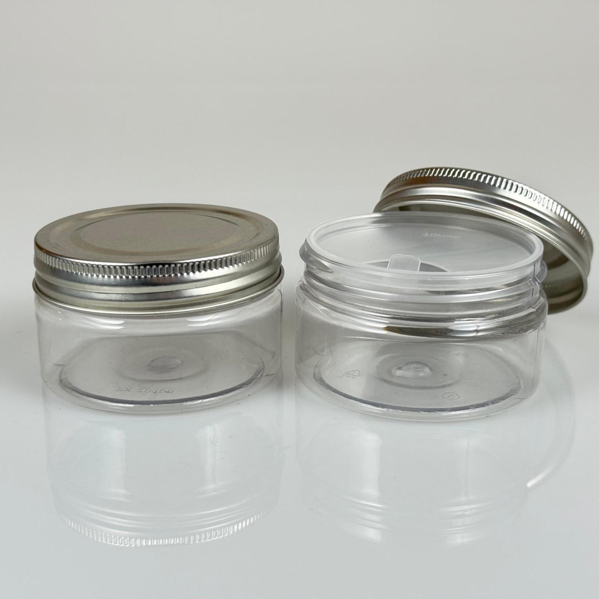 100 ML SERT PET KAVANOZ + GÜMÜŞ METAL KAPAK + İÇ TIPA - 100 CC KALIN ŞEFFAF PLASTİK KAVANOZ GÜMÜŞ METAL KAPAKLI İÇ TIPALI TAKIM - KREM KAVANOZLARI