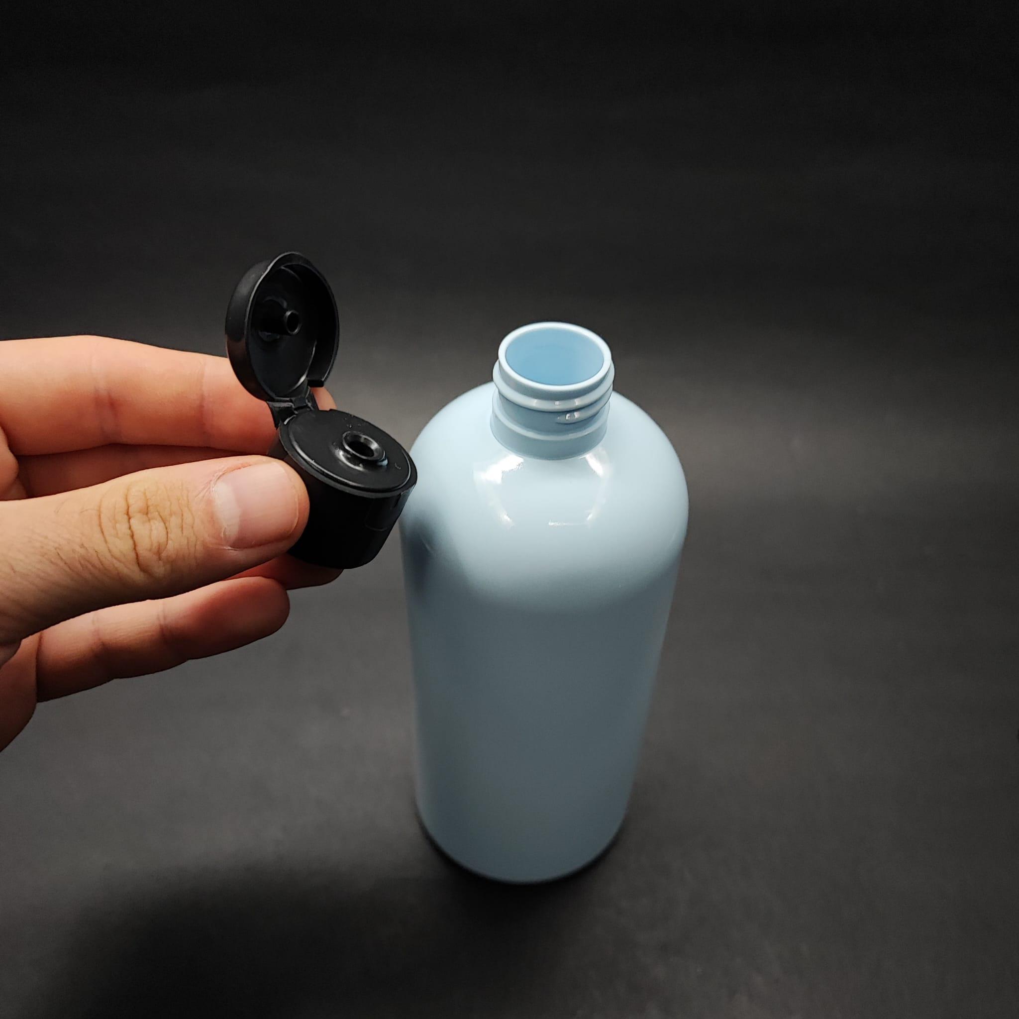 400 CC OVAL BOYUNLU SİLİNDİR PET ŞİŞE (30 GR) - SİYAH FLİPTOP ŞAMPUAN KAPAKLI - 400 ML PLASTİK ŞİŞE - BEBEK MAVİSİ