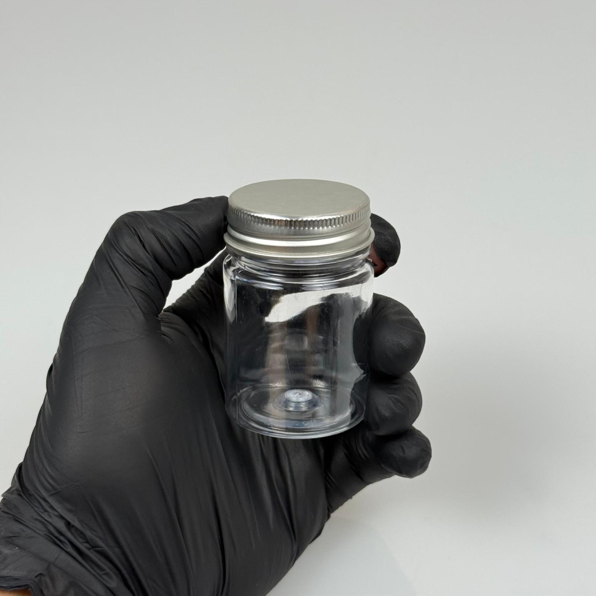 50 CC PET ŞİŞE GENİŞ AĞIZLI - GÜMÜŞ METAL KAPAKLI - 50 ML PLASTİK NUMUNE KAVANOZU, MİNİ TABLET KAVANOZU