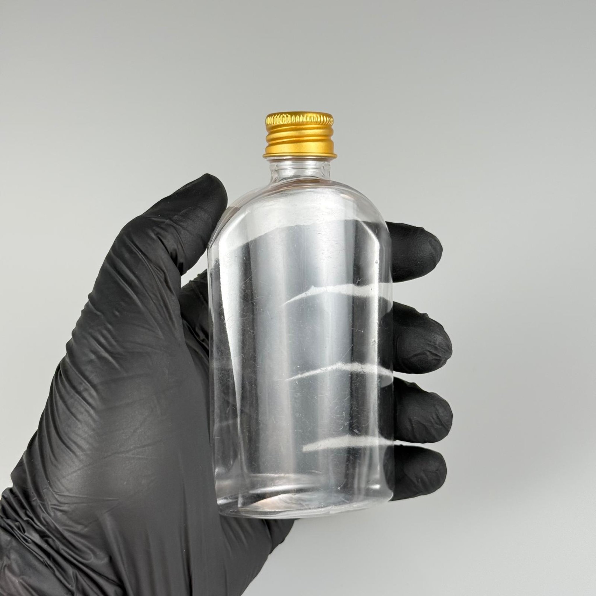 90 CC ŞEFFAF PLASTİK PET ŞİŞE + KÖPÜK CONTALI GOLD ALÜMİNYUM METAL KAPAKLI TAKIM - 90 ML YASSI PET ŞİŞE