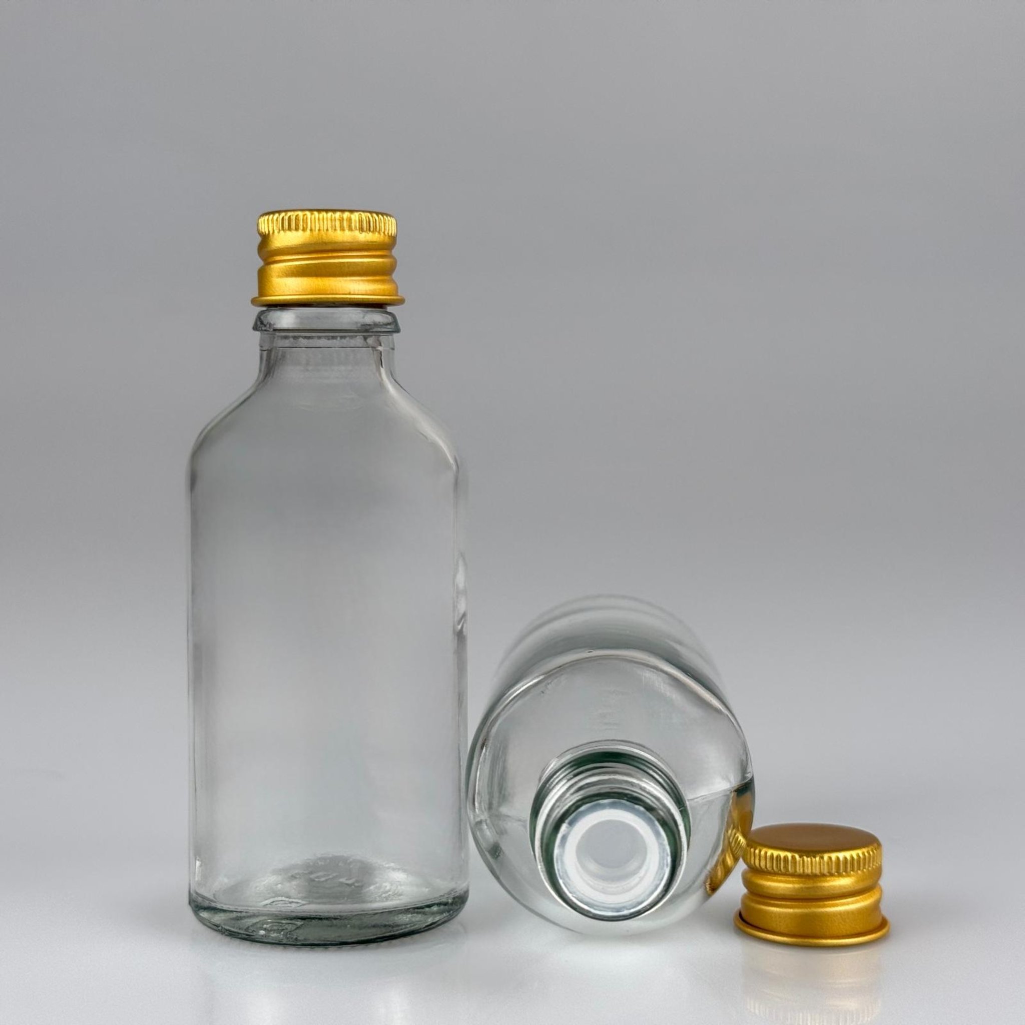50 CC ŞEFFAF CAM ŞİŞE + KÖPÜK CONTALI GOLD ALÜMİNYUM METAL KAPAKLI + KÖR TIPALI TAKIM - 50 ML ŞEFFAF CAM ŞİŞE