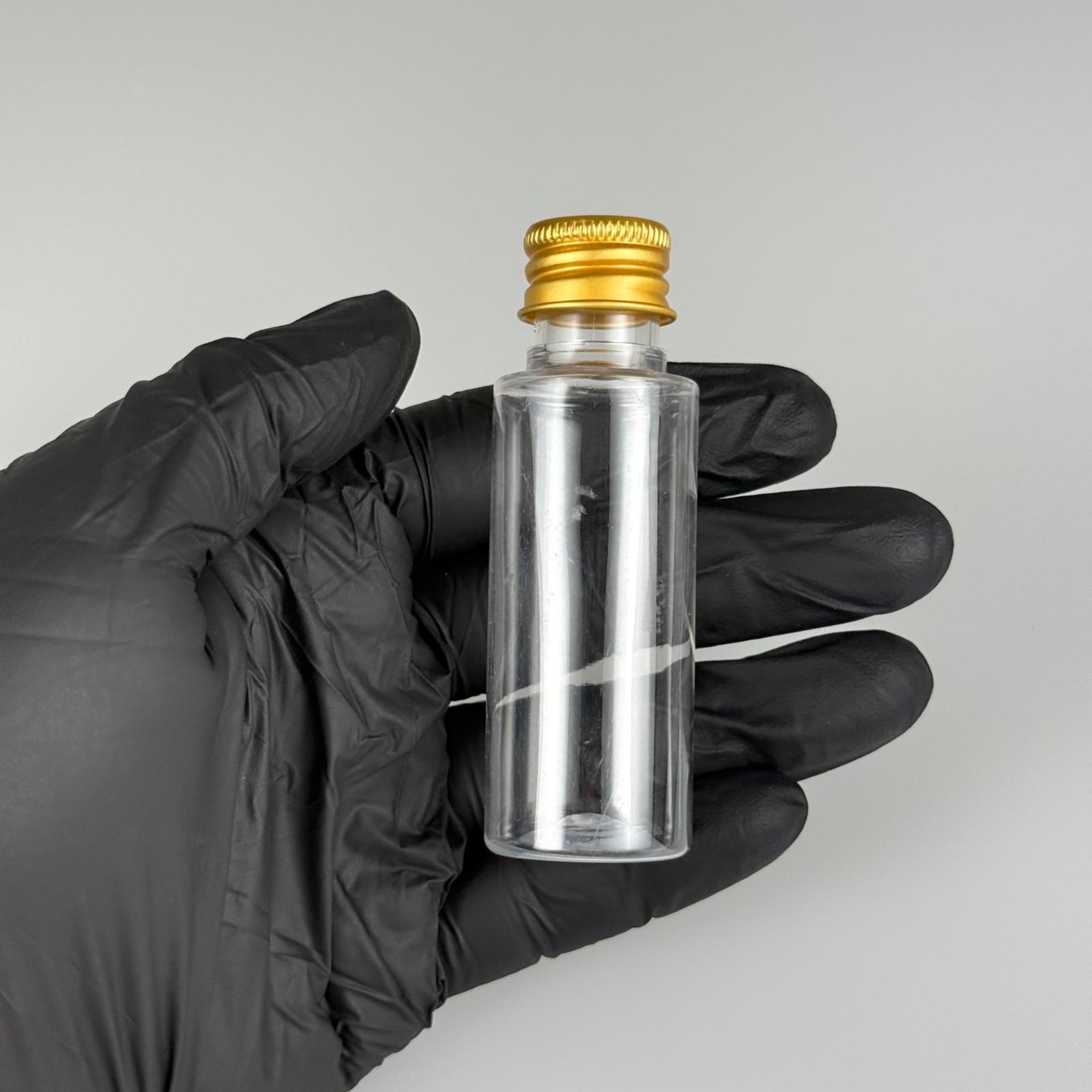 30 CC ŞEFFAF SİLİNDİR UZUN MODEL PET ŞİŞE + KÖPÜK CONTALI GOLD ALÜMİNYUM METAL KAPAKLI TAKIM - 30 ML PLASTİK ŞİŞE