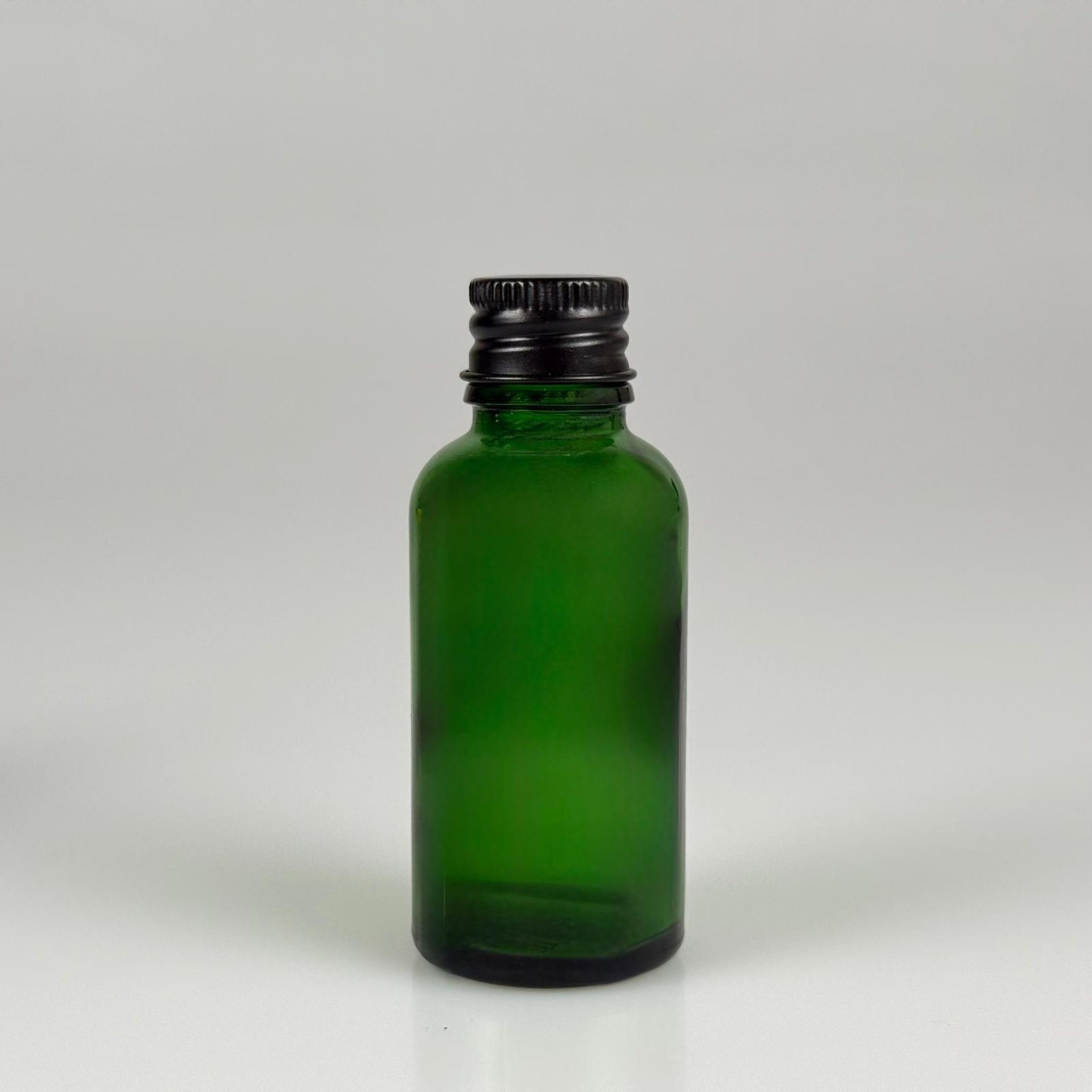 30 CC YEŞİL CAM ŞİŞE + KÖPÜK CONTALI SİYAH ALÜMİNYUM METAL KAPAKLI TAKIM - 30 ML YEŞİL CAM ŞİŞE