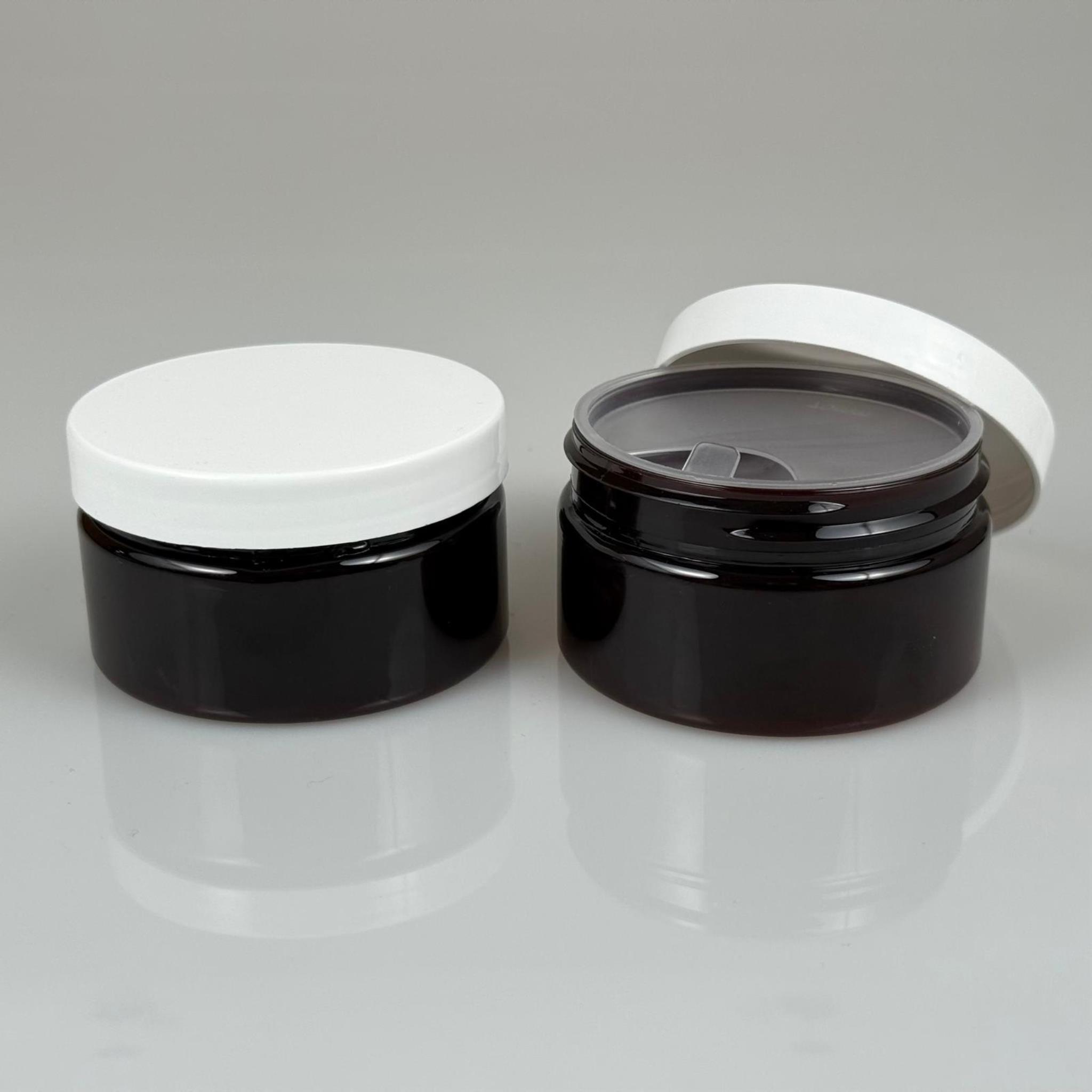 100 ML SERT PET KAVANOZ + BEYAZ PLASTİK KAPAK + İÇ TIPA - 100 CC KALIN AMBER PLASTİK KAVANOZ BEYAZ PLASTİK KAPAKLI İÇ TIPALI TAKIM - KREM KAVANOZLARI