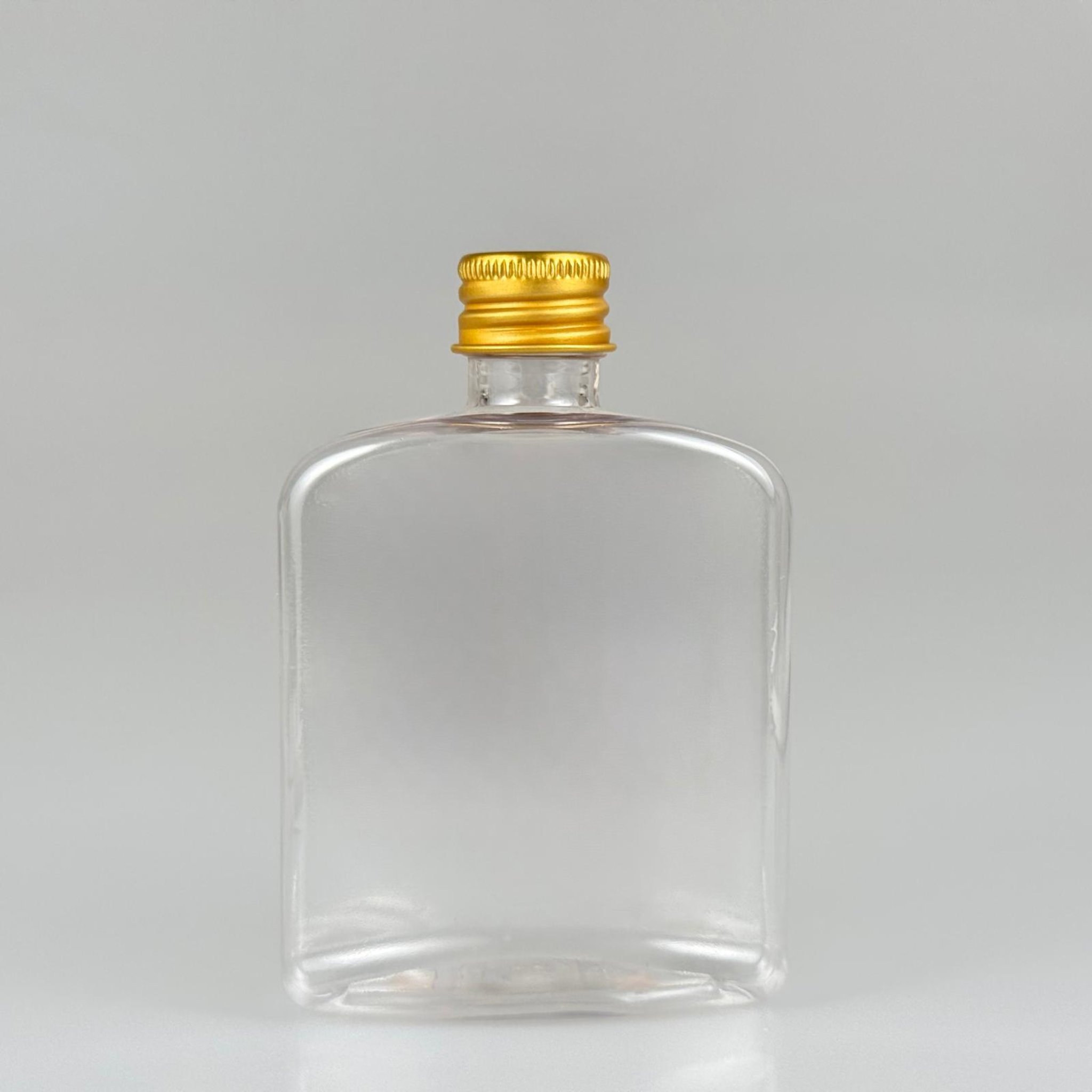 100 CC ŞEFFAF YASSI PLASTİK PET ŞİŞE + KÖPÜK CONTALI GOLD ALÜMİNYUM METAL KAPAKLI TAKIM - 100 ML YASSI PET ŞİŞE