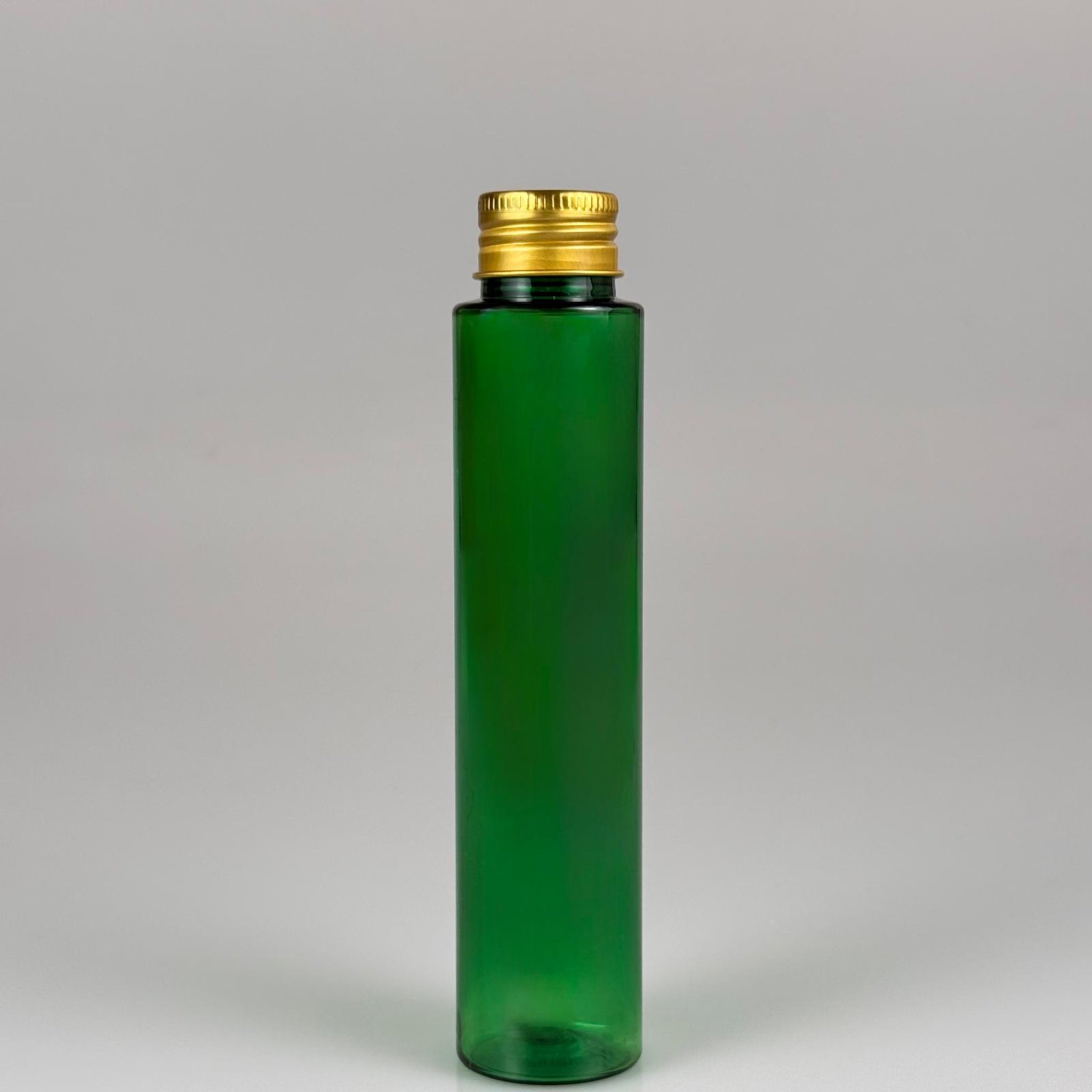 100 CC UZUN SİLİNDİR YEŞİL PET ŞİŞE (24 GR - 24 AĞIZ ) + KÖPÜK CONTALI GOLD METAL ALÜMİNYUM KAPAK TAKIM - 100 ML BİBERİYE SUYU, LAVANTA YAĞI, SAÇ SERUM, TONİK VB İÇİN PLASTİK KOZMETİK AMBALAJLARI