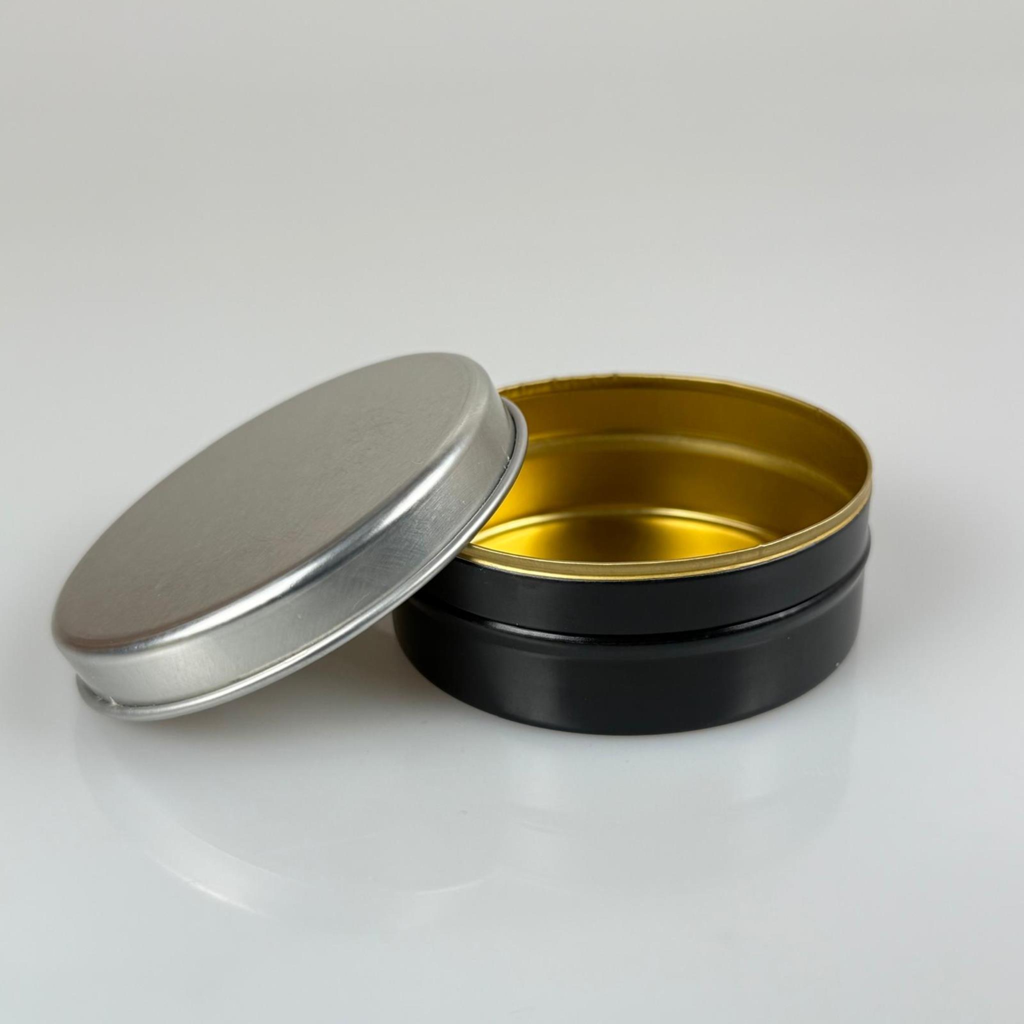 100 CC TENEKE KUTU - SİYAH - GÜMÜŞ KAPAKLI - METAL AMBALAJ - MUM TENEKESİ 77 X 28 MM