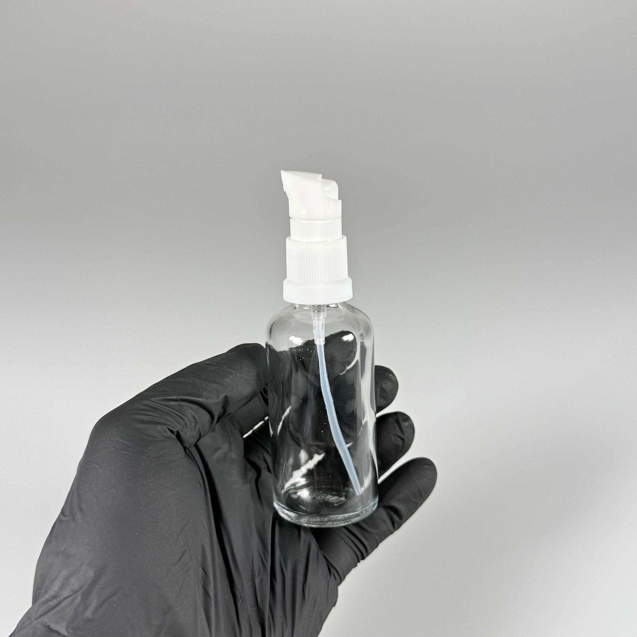 50 CC ŞEFFAF CAM ŞİŞE - SIZDIRMAZ ETEKLİ BEYAZ LOSYON POMPALI TAKIM - 50 ML LOSYON ŞİŞESİ - YAĞ, KREM GİBİ YOĞUN KIVAMLI SIVILAR İÇİN CAM AMBALAJ