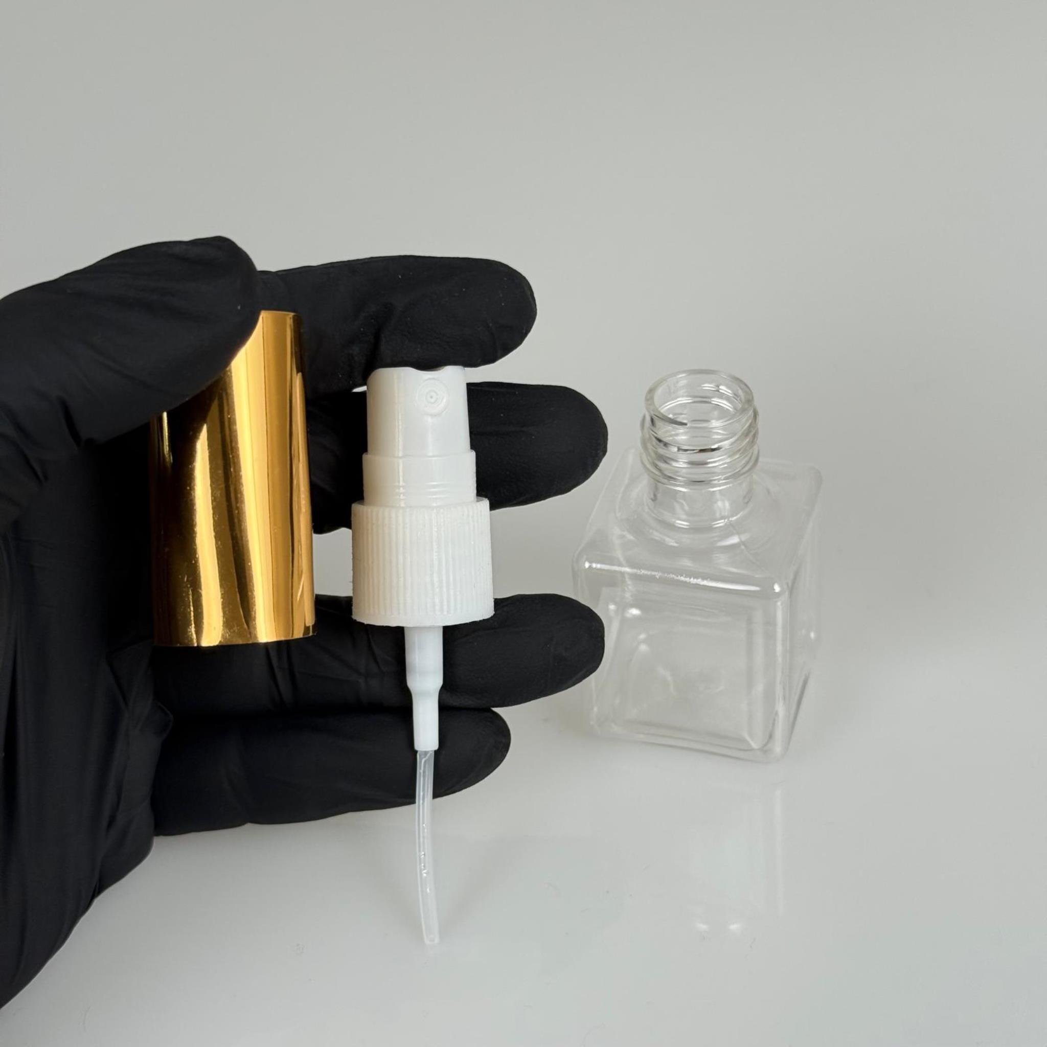 35 ML PET KOLONYA, PARFÜM VB ŞİŞELERİ - METAL ALÜMİNYUM GOLD KAPAK + VİDALI SPREY + 35 CC KARE ŞİŞE SET TAKIM