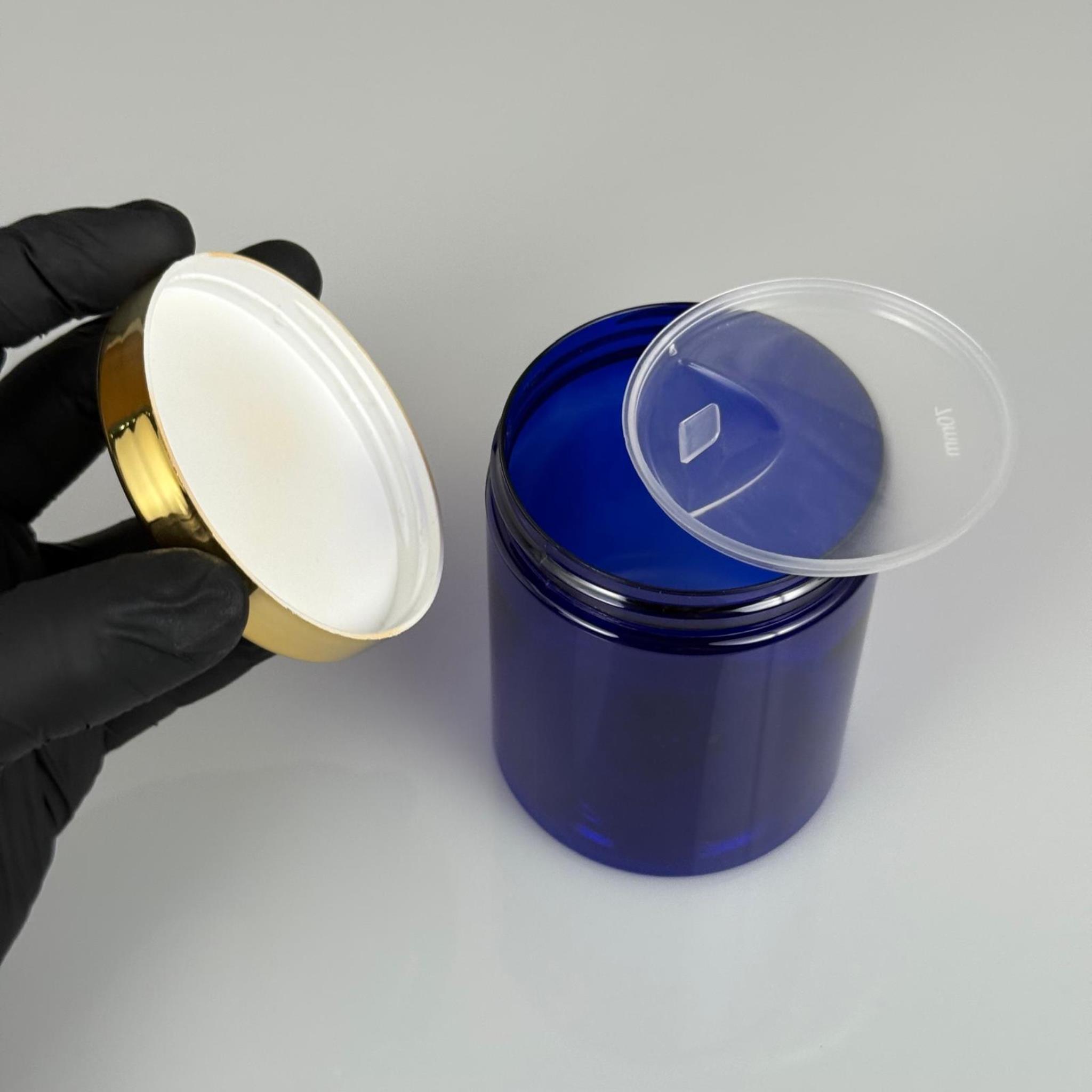 300 ML SERT PET KAVANOZ + GOLD KAPLAMALI PLASTİK KAPAK + İÇ TIPA - 300 CC KALIN MAVİ PLASTİK KAVANOZ GOLD KAPLAMALI PLASTİK KAPAKLI İÇ TIPALI TAKIM - KREM KAVANOZLARI