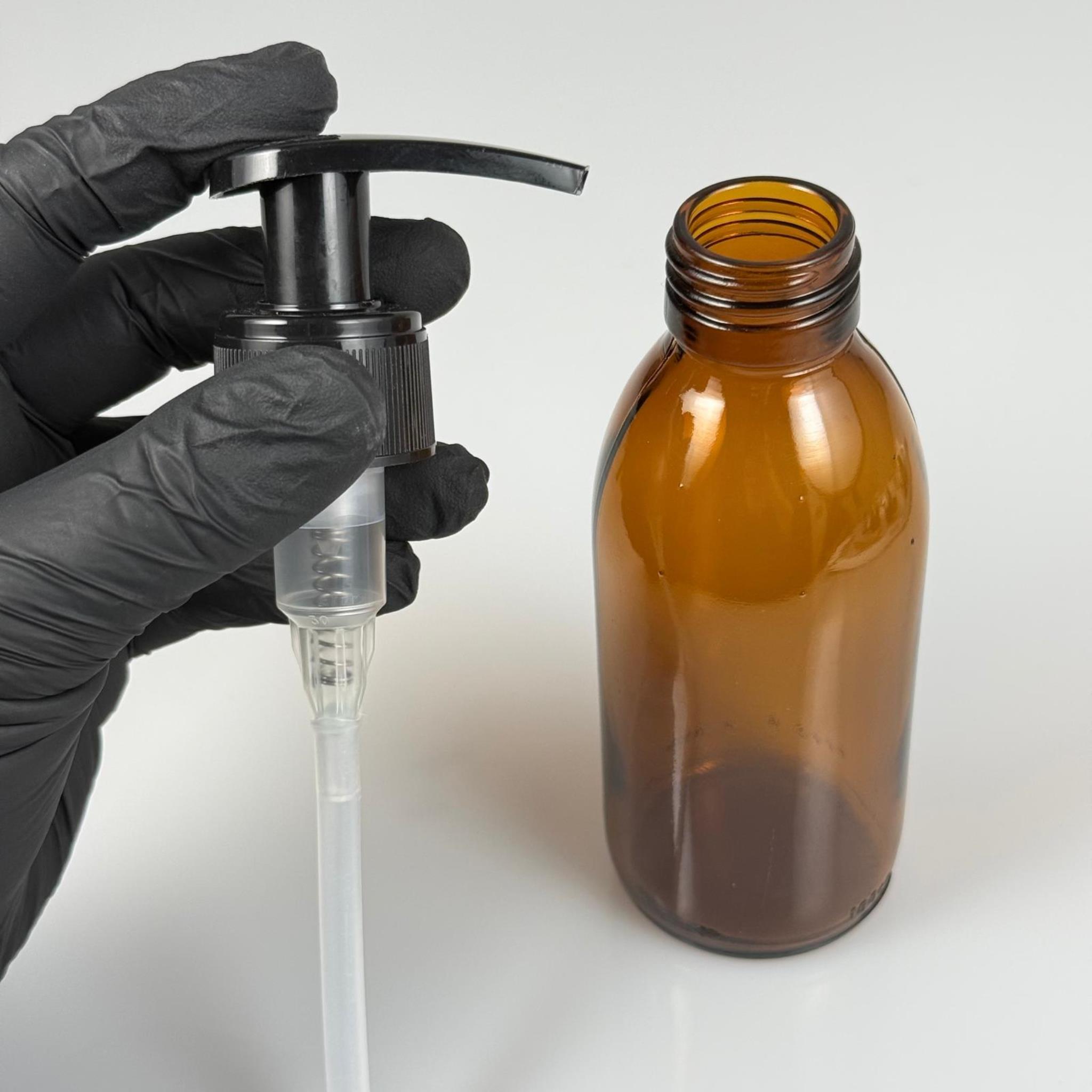 160 CC AMBER CAM ŞİŞE  - SİYAH PLASTİK SIVI SABUN POMPALI TAKIM - 160 ML CAM SIVI LOSYON, YAĞ ŞİŞELERİ