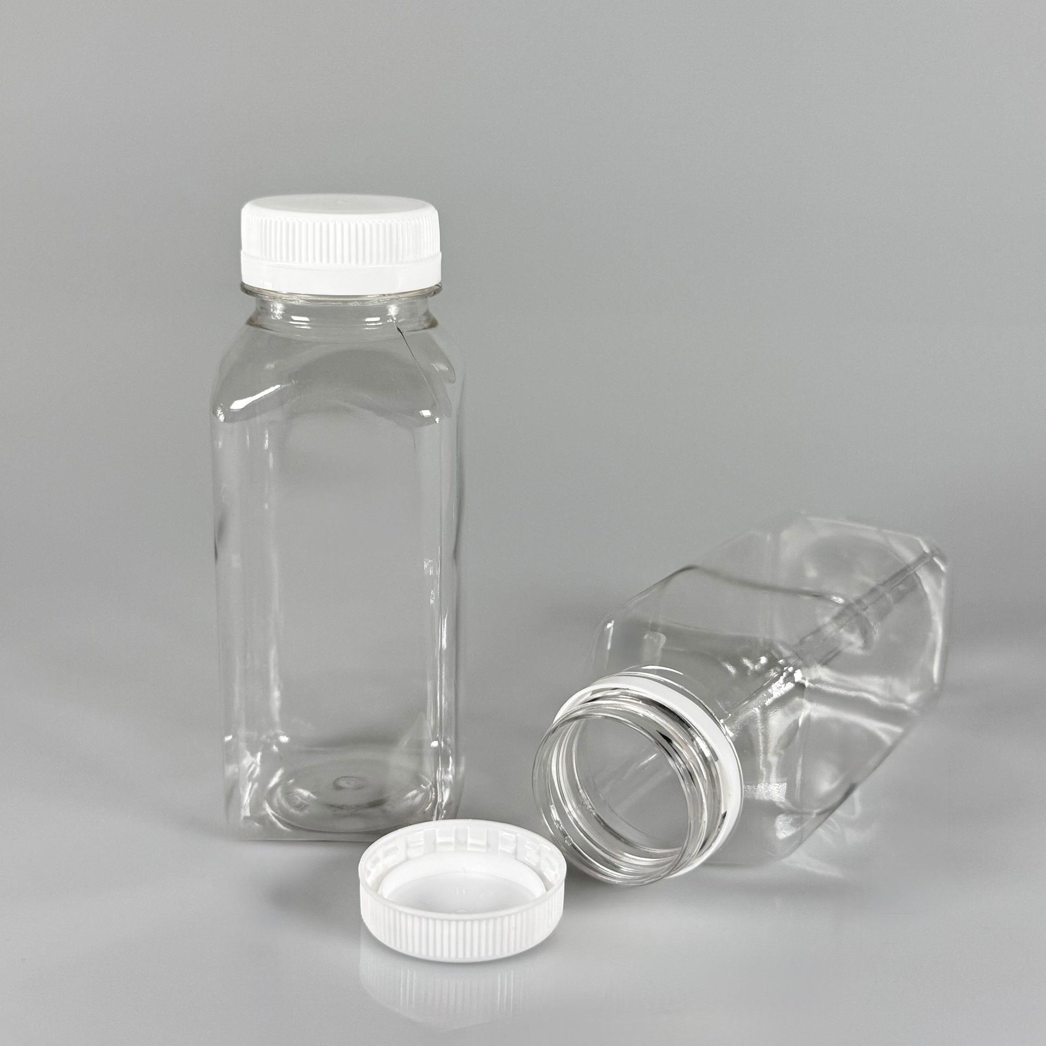 250 CC KÖŞELİ KARE PET ŞİŞE (18,5 GR) - 38 MM GENİŞ AĞIZLI BEYAZ KİLİTLİ KAPAKLI - 250 ML DETOX, MEYVE SUYU, SMOOTHIE, AYRAN, SÜT, MEŞRUBAT VB İÇİN BOŞ PLASTİK ŞİŞELER