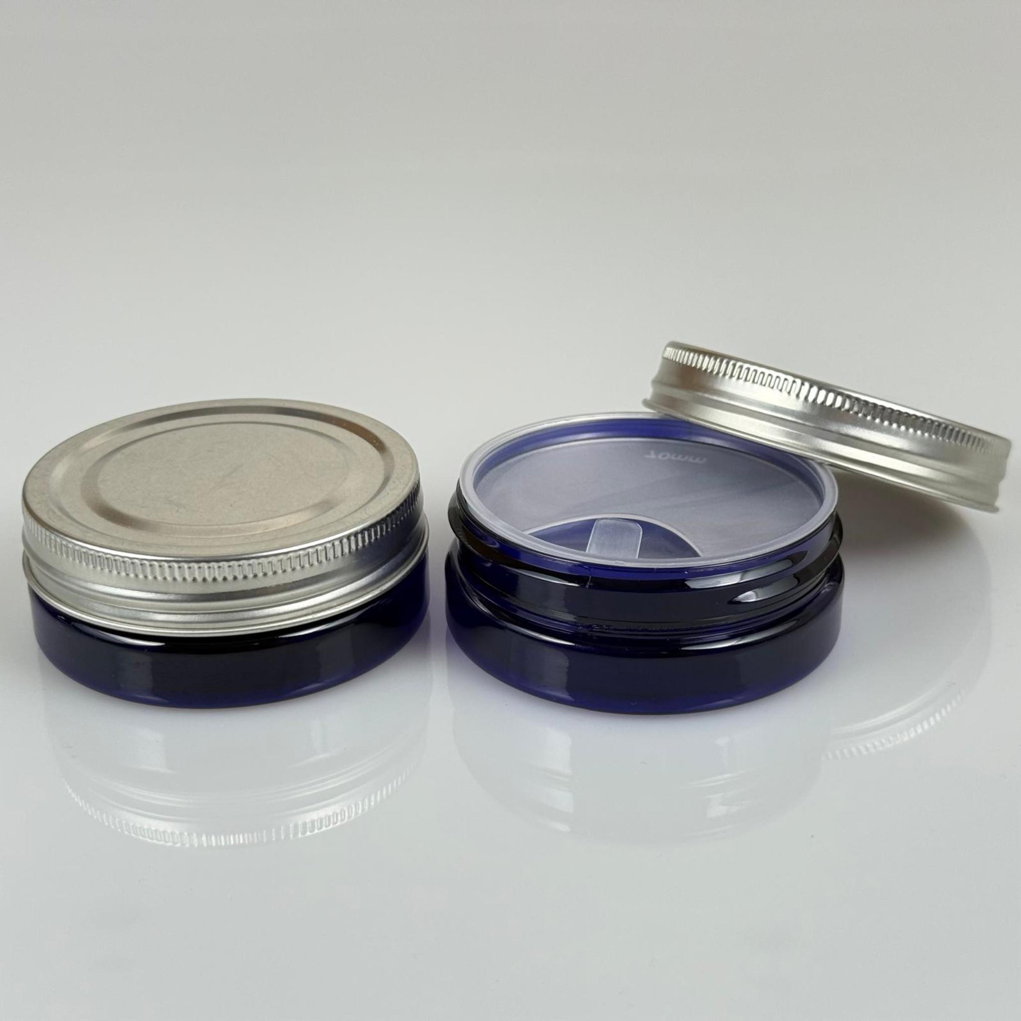 50 ML SERT PET KAVANOZ + GÜMÜŞ METAL KAPAK + İÇ TIPA - 50 CC KALIN MAVİ PLASTİK KAVANOZ GÜMÜŞ METAL KAPAKLI İÇ TIPALI TAKIM - KREM KAVANOZLARI