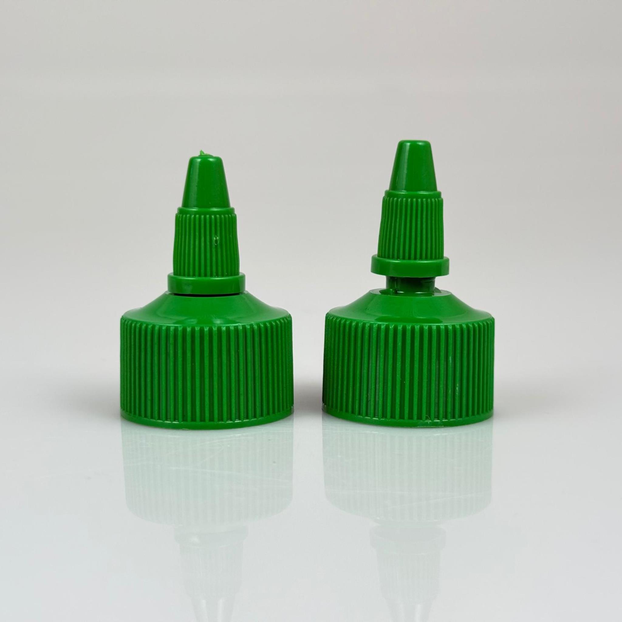 28 MM TWİST ASANSÖR SİVRİ YEŞİL KAPAK - ZEYTİNYAĞ, SOS, MÜREKKEP, ŞAMPUAN, TUTKAL KARTUŞ İÇİN AKITICILI PLASTİK KAPAK