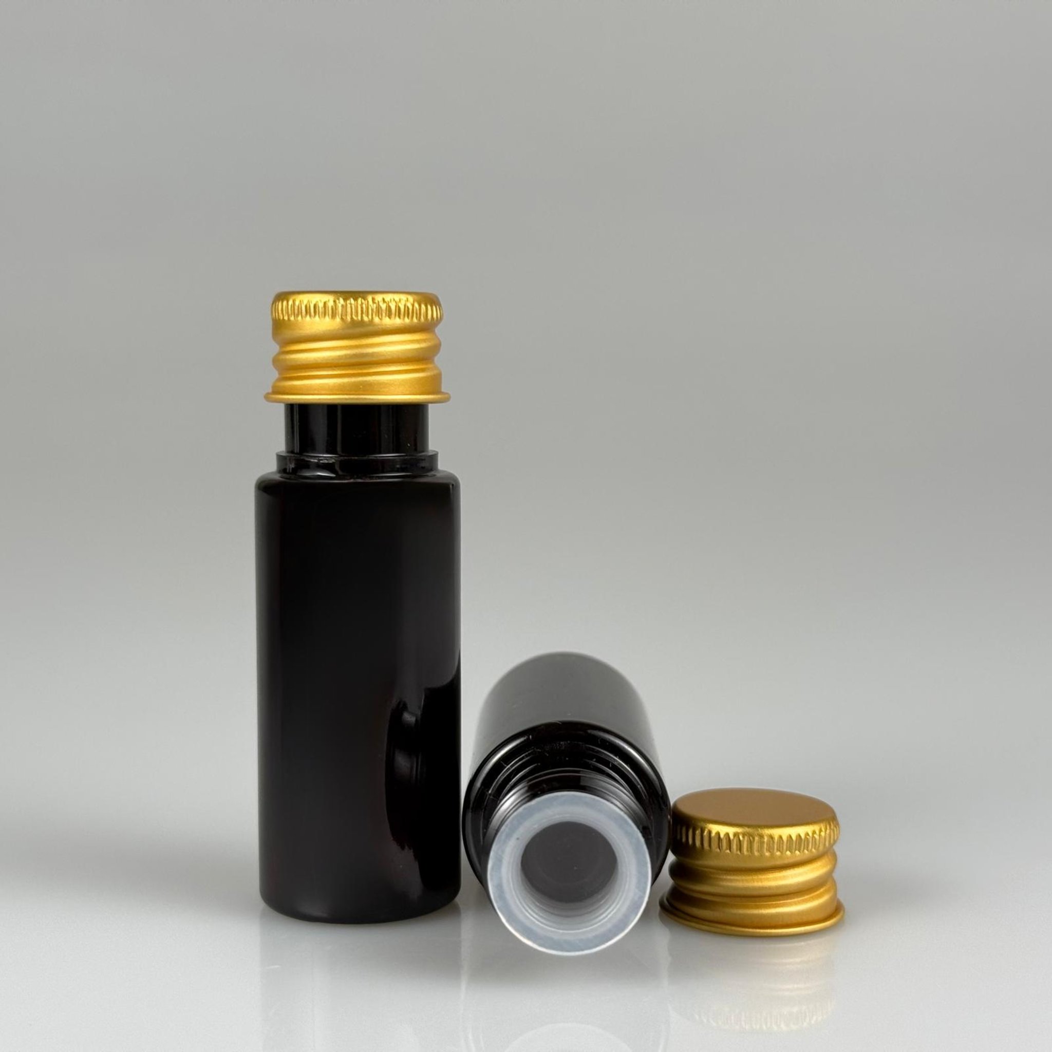 15 CC AMBER SİLİNDİR PET ŞİŞE + KÖPÜK CONTALI GOLD ALÜMİNYUM METAL KAPAKLI + KÖR TIPALI TAKIML - 15 ML KAHVERENGİ PET ŞİŞE