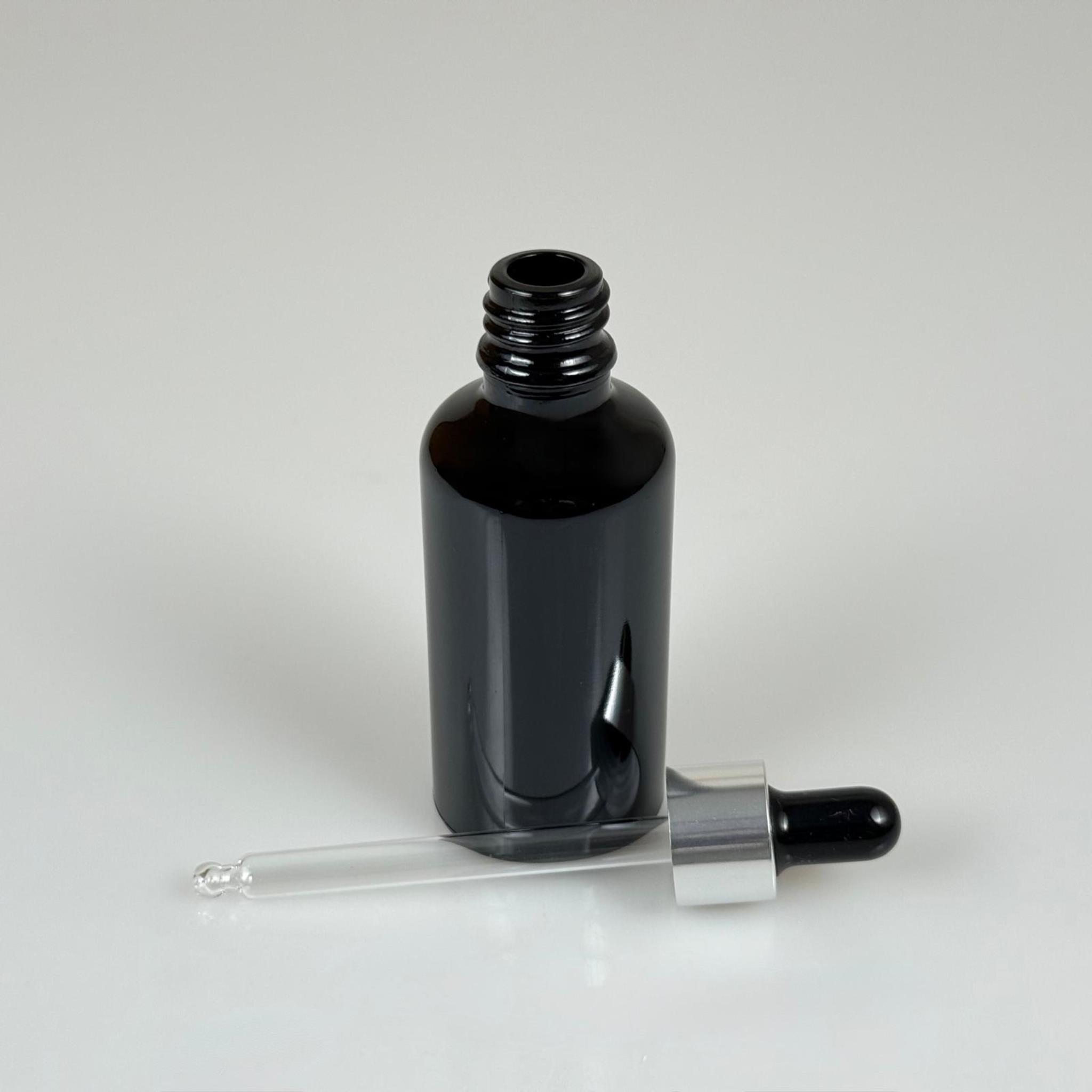 50 CC SİYAH CAM DAMLALIKLI ŞİŞE - SİYAH EMZİK - GÜMÜŞ METALİK KAPAK - 50 ML SİYAH CAM DAMLALIKLI ŞİŞE