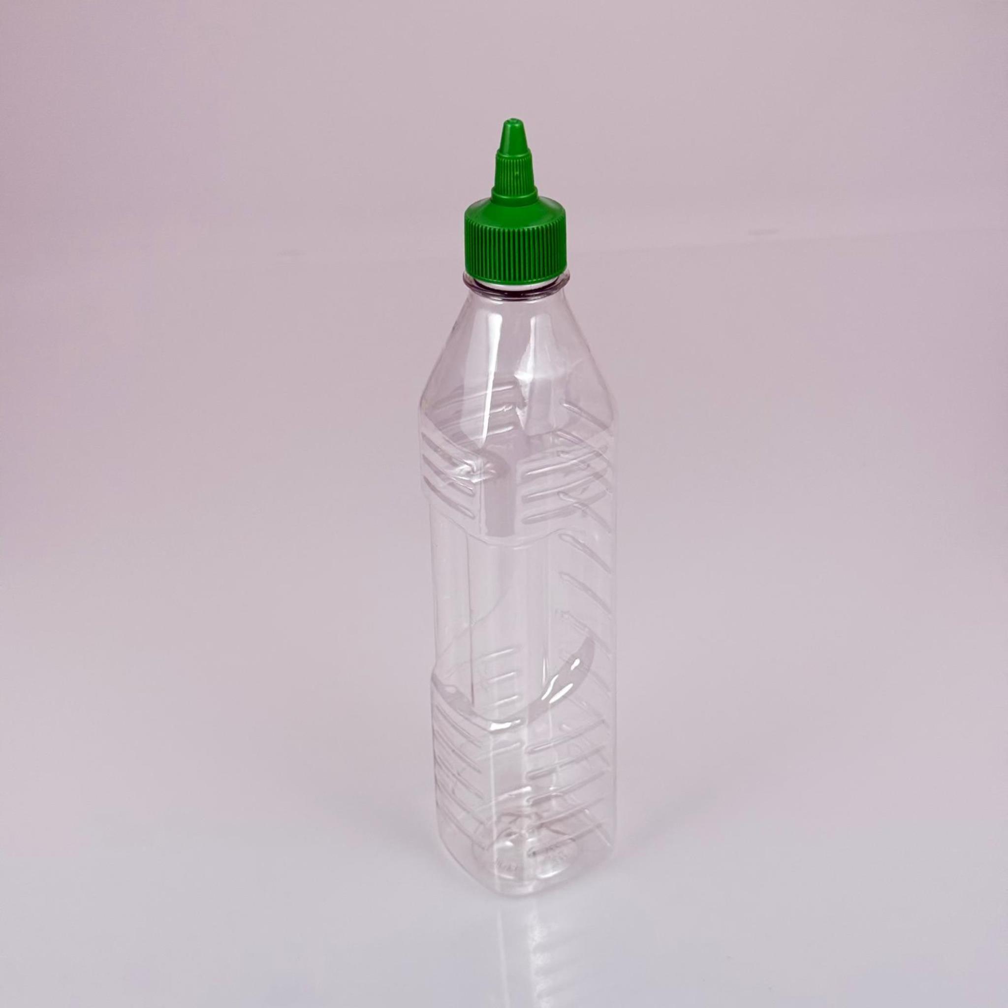 ZEYTİNYAĞI, SOS, ACI SOS, SİRKE, SRIRACHA VB BOŞ ŞİŞELERİ - YEŞİL SİVRİ TWİST AKITICI KAPAK + 500 ML KARE KÖŞELİ ŞEFFAF PET PLASTİK ŞİŞE TAKIM