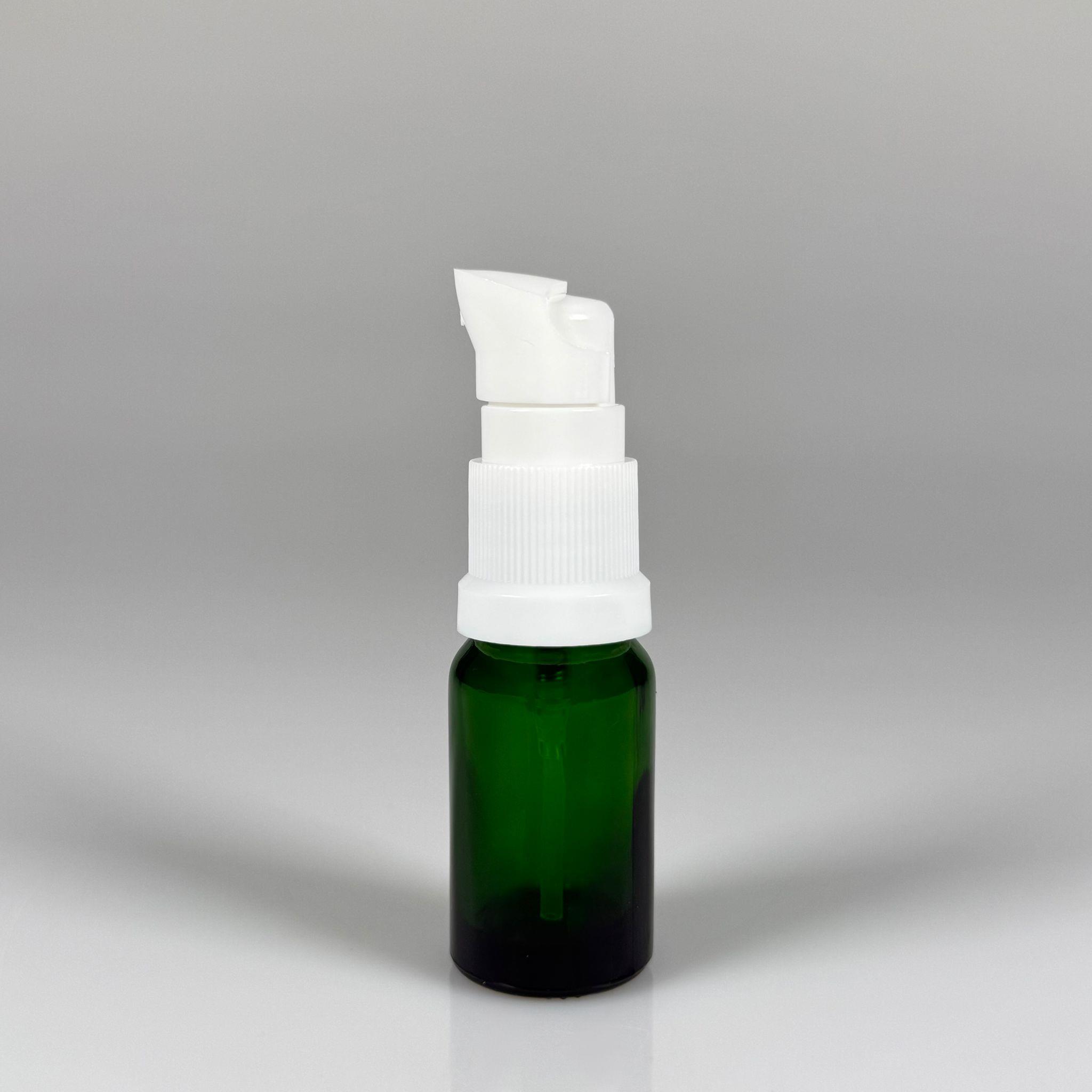 10 CC YEŞİL CAM ŞİŞE - SIZDIRMAZ ETEKLİ BEYAZ LOSYON POMPALI TAKIM - 10 ML LOSYON ŞİŞESİ - YAĞ, KREM GİBİ YOĞUN KIVAMLI SIVILAR İÇİN CAM AMBALAJ